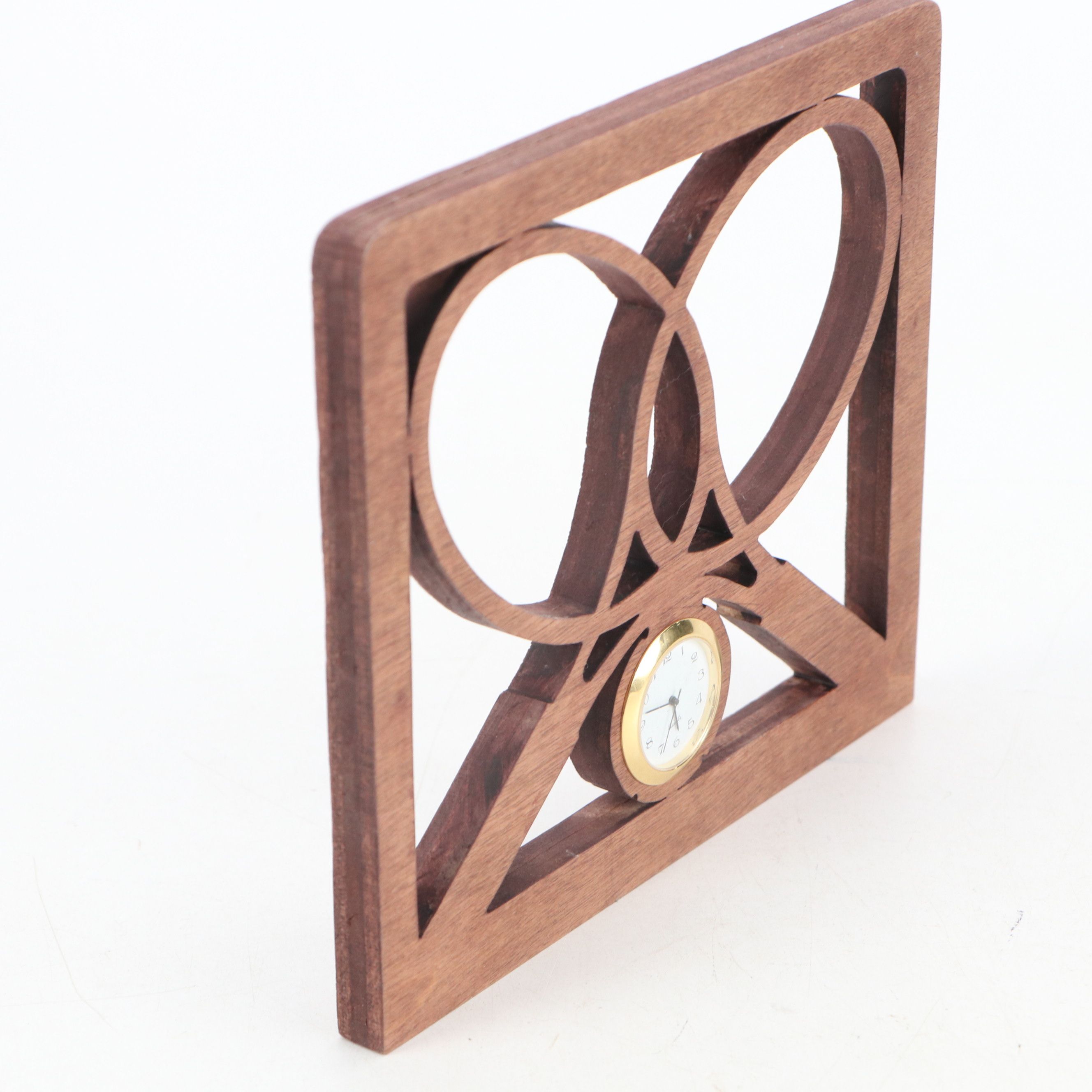 Tennis Racket Carved Wood Frame with Inset Quartz Brass Desk Clock