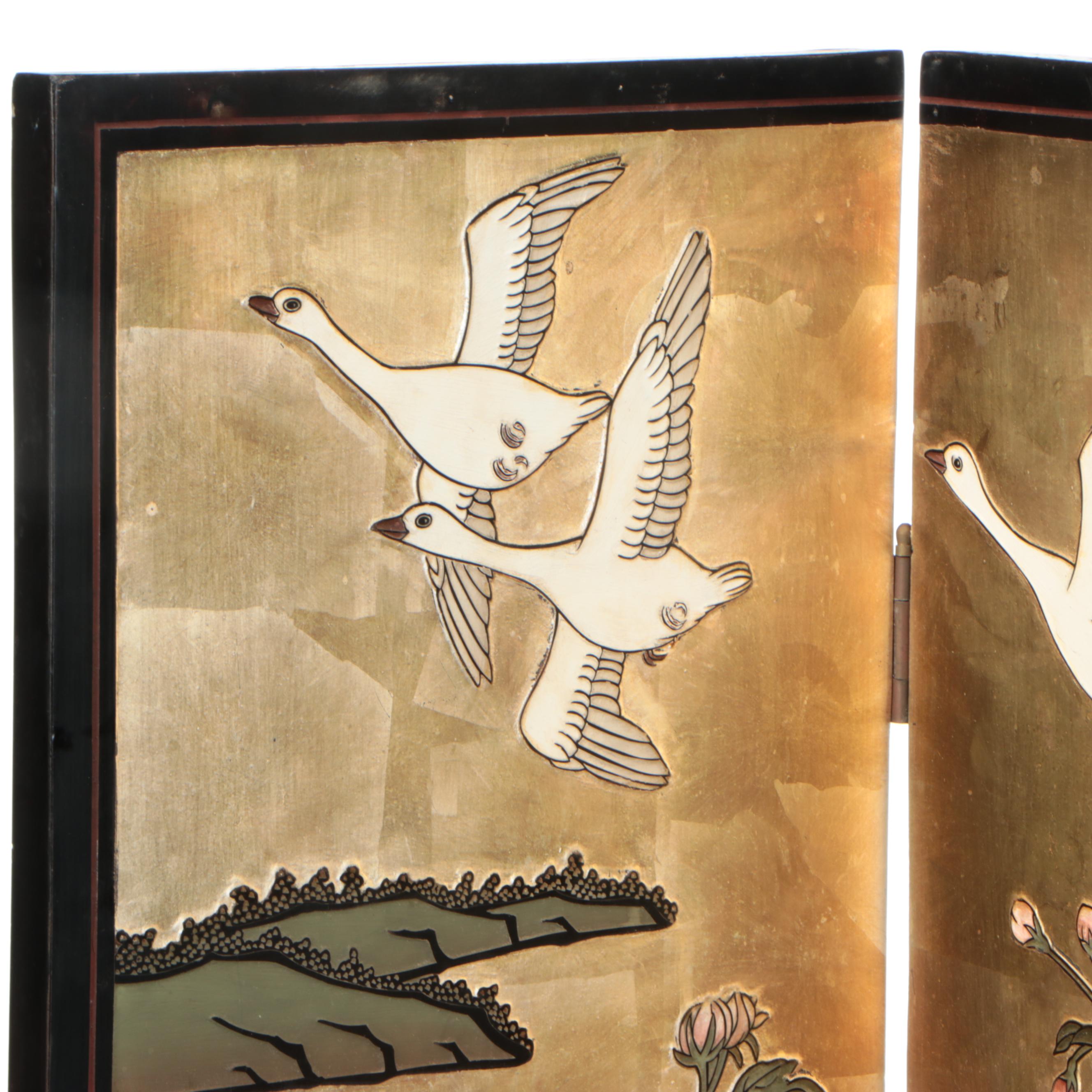 Chinese Relief Carved Gilt and Lacquered Wood Four-Panel Room Divider