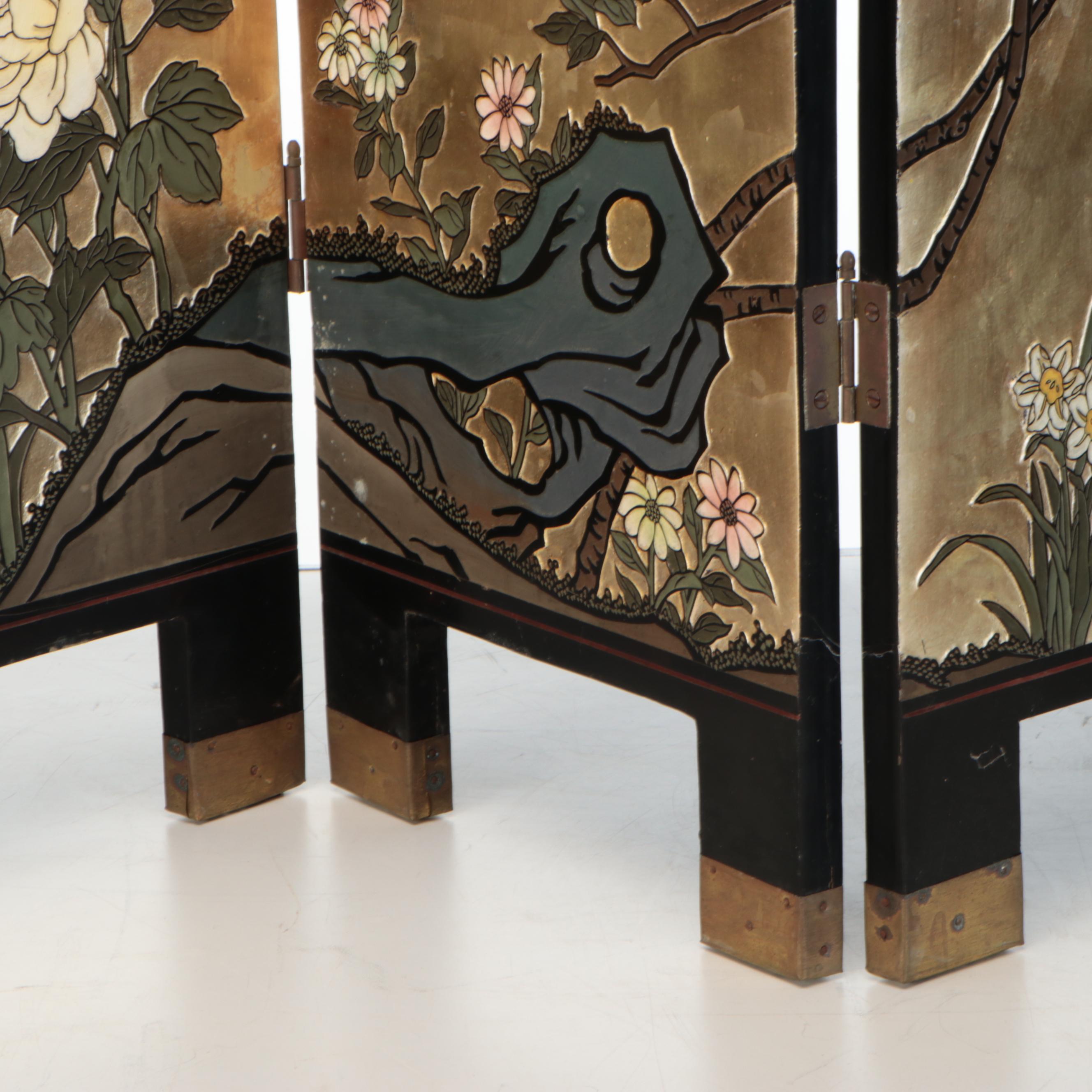 Chinese Relief Carved Gilt and Lacquered Wood Four-Panel Room Divider