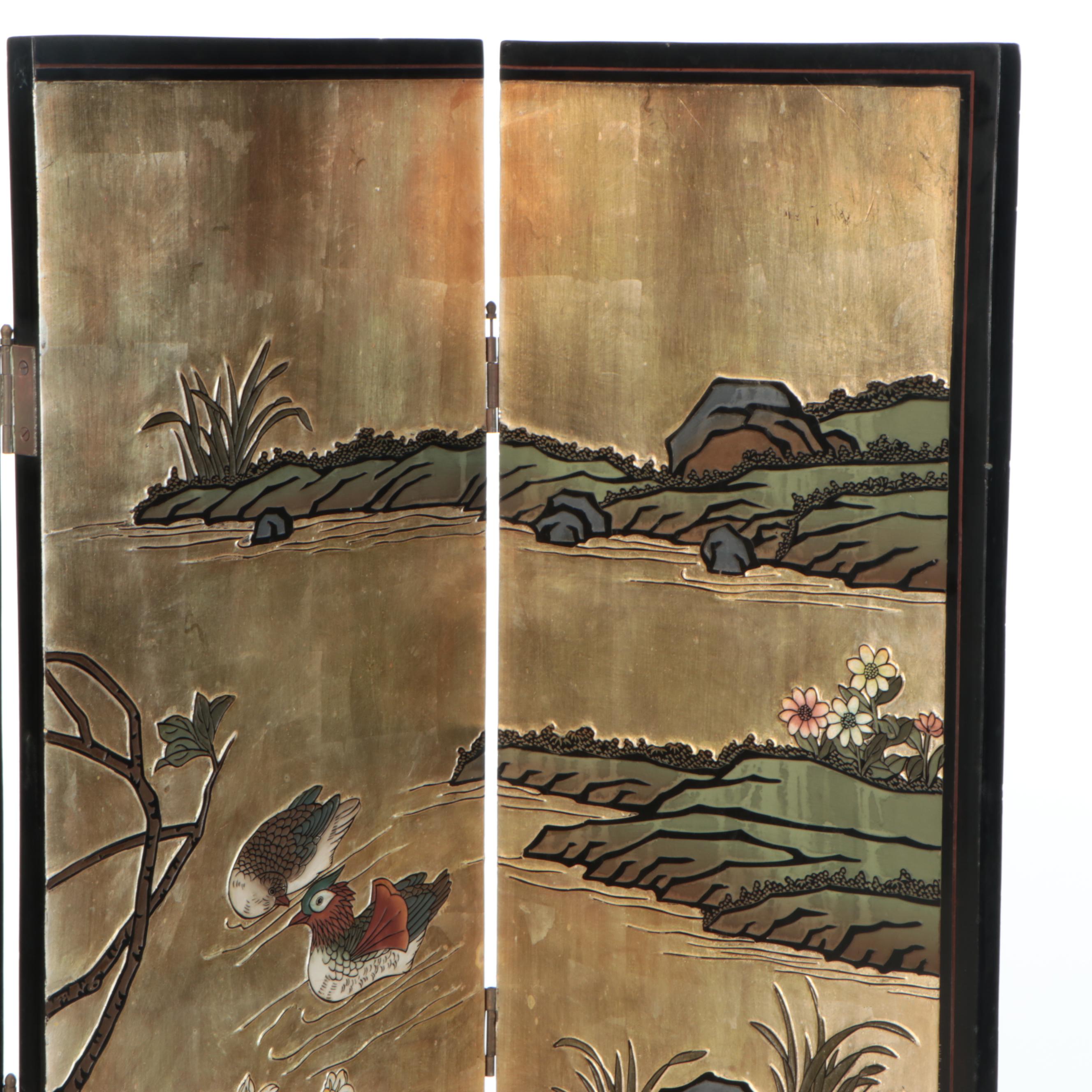 Chinese Relief Carved Gilt and Lacquered Wood Four-Panel Room Divider