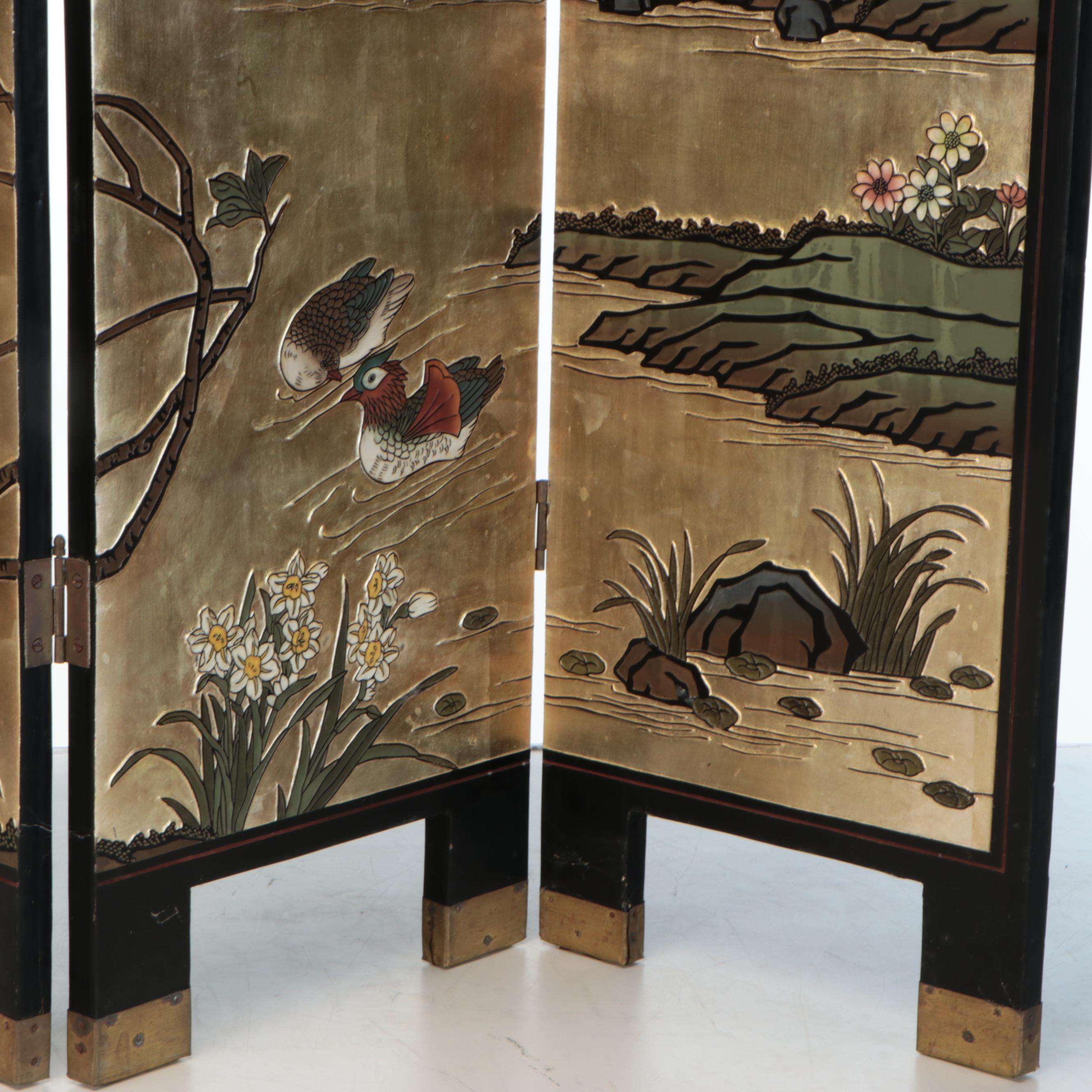 Chinese Relief Carved Gilt and Lacquered Wood Four-Panel Room Divider