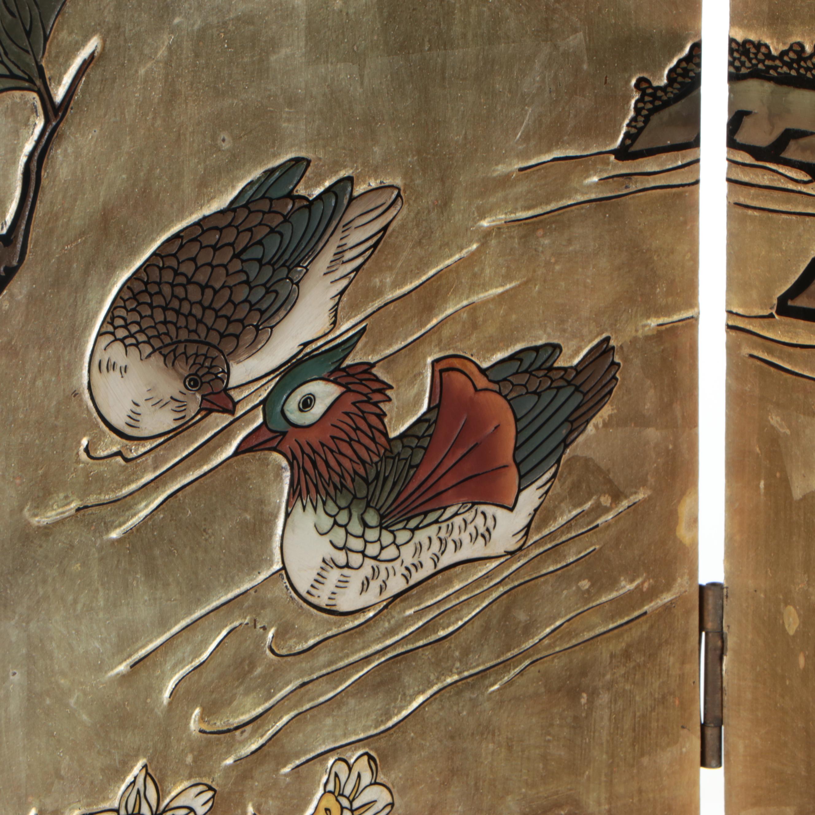 Chinese Relief Carved Gilt and Lacquered Wood Four-Panel Room Divider