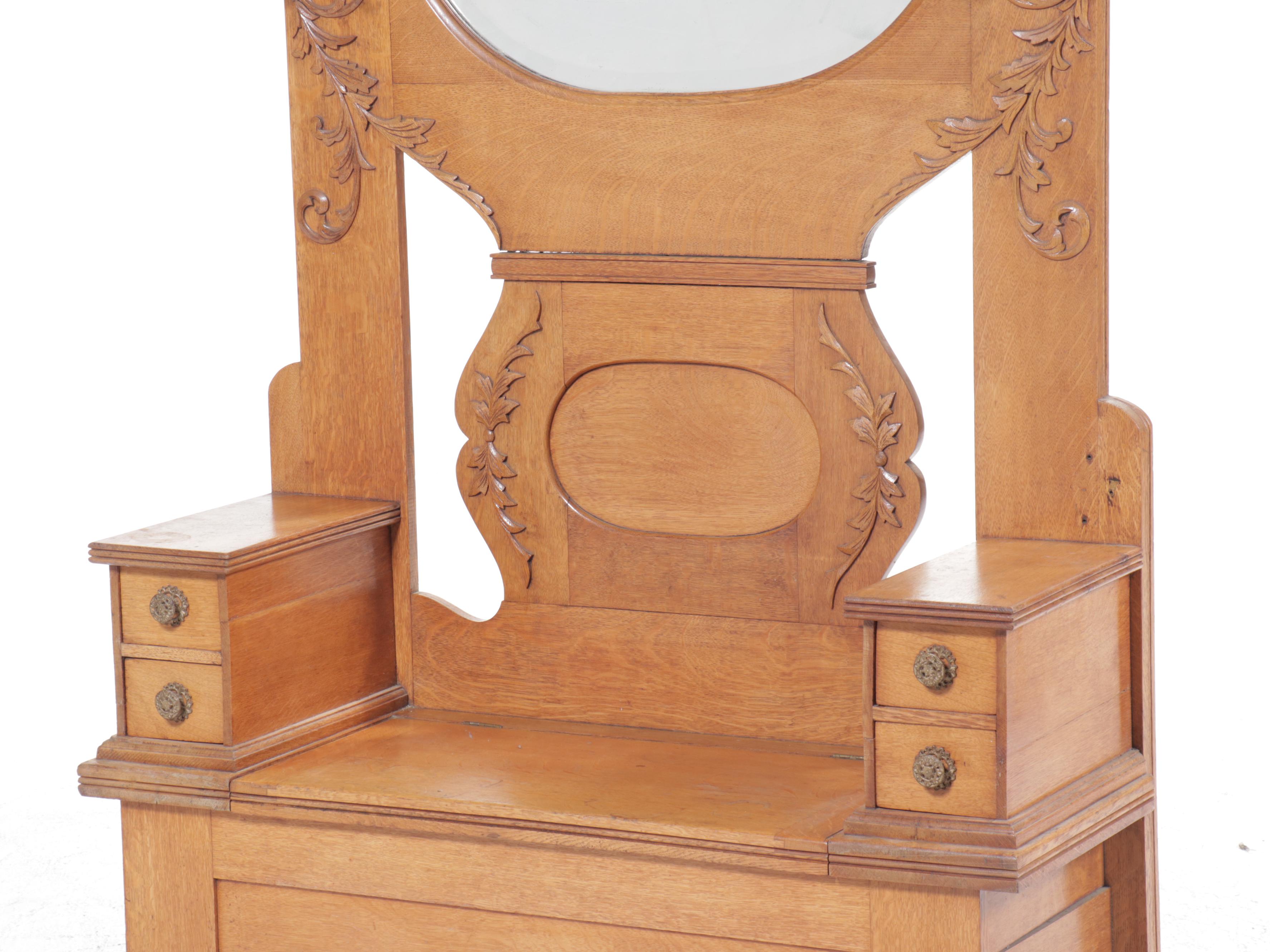 Late Victorian Oak Hall Bench with Mirror