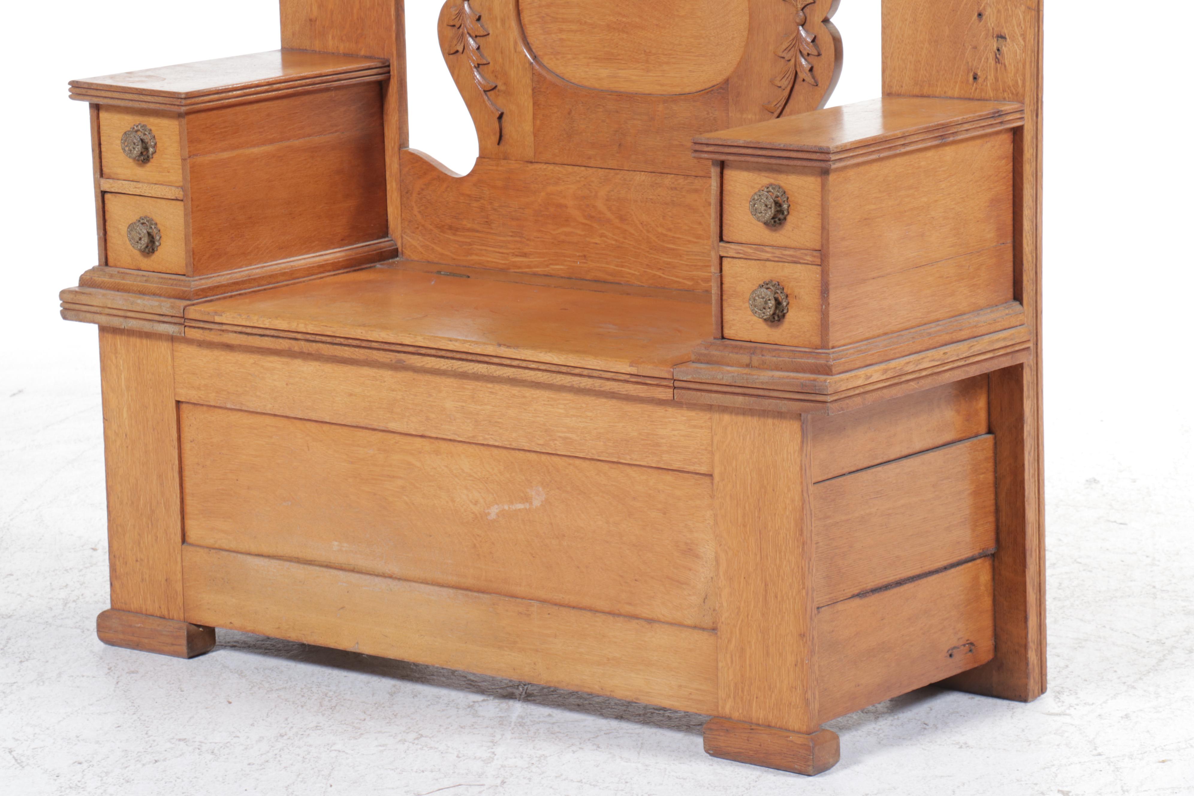 Late Victorian Oak Hall Bench with Mirror