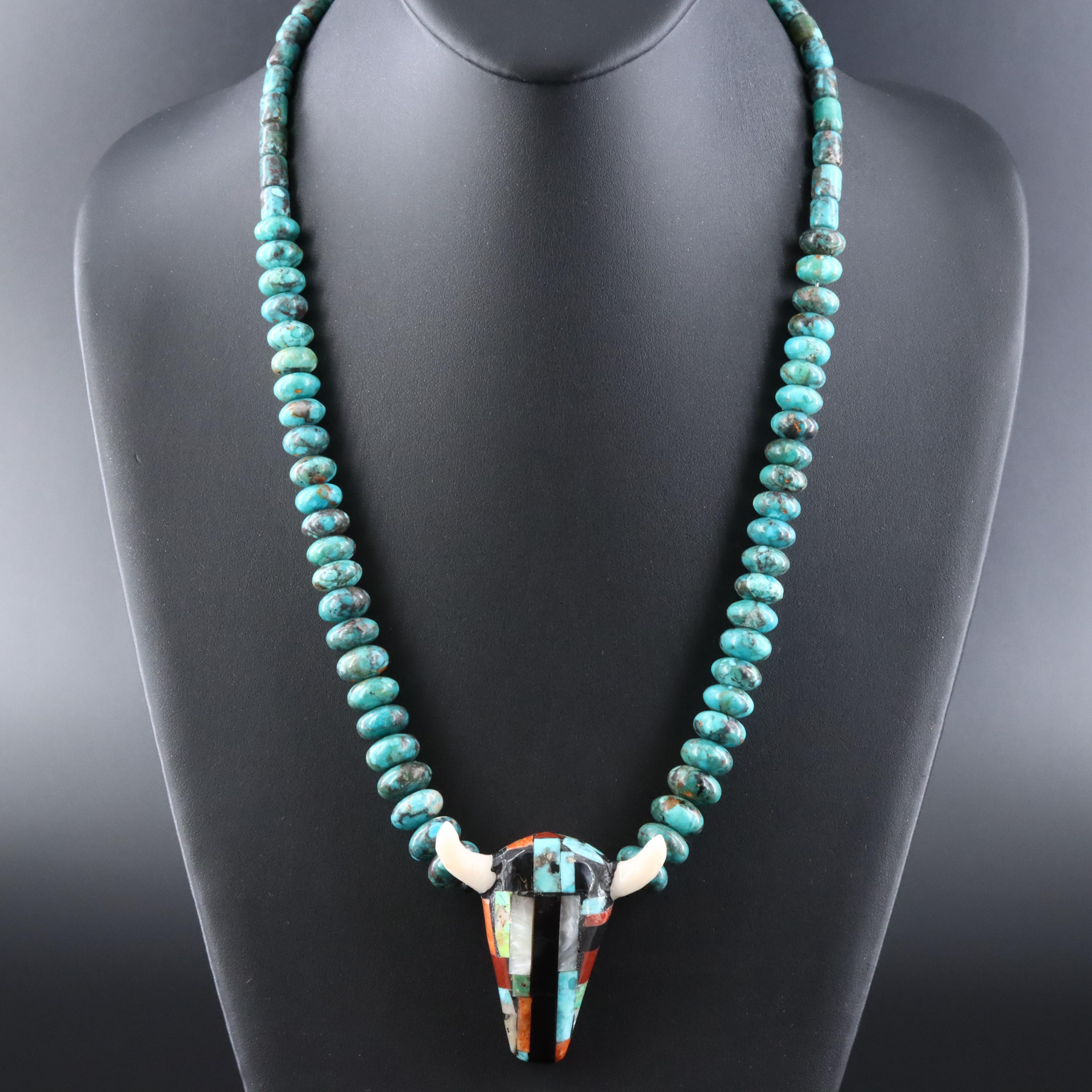 Southwestern Necklace with Mosaic Inlay Bulls Head Pendant