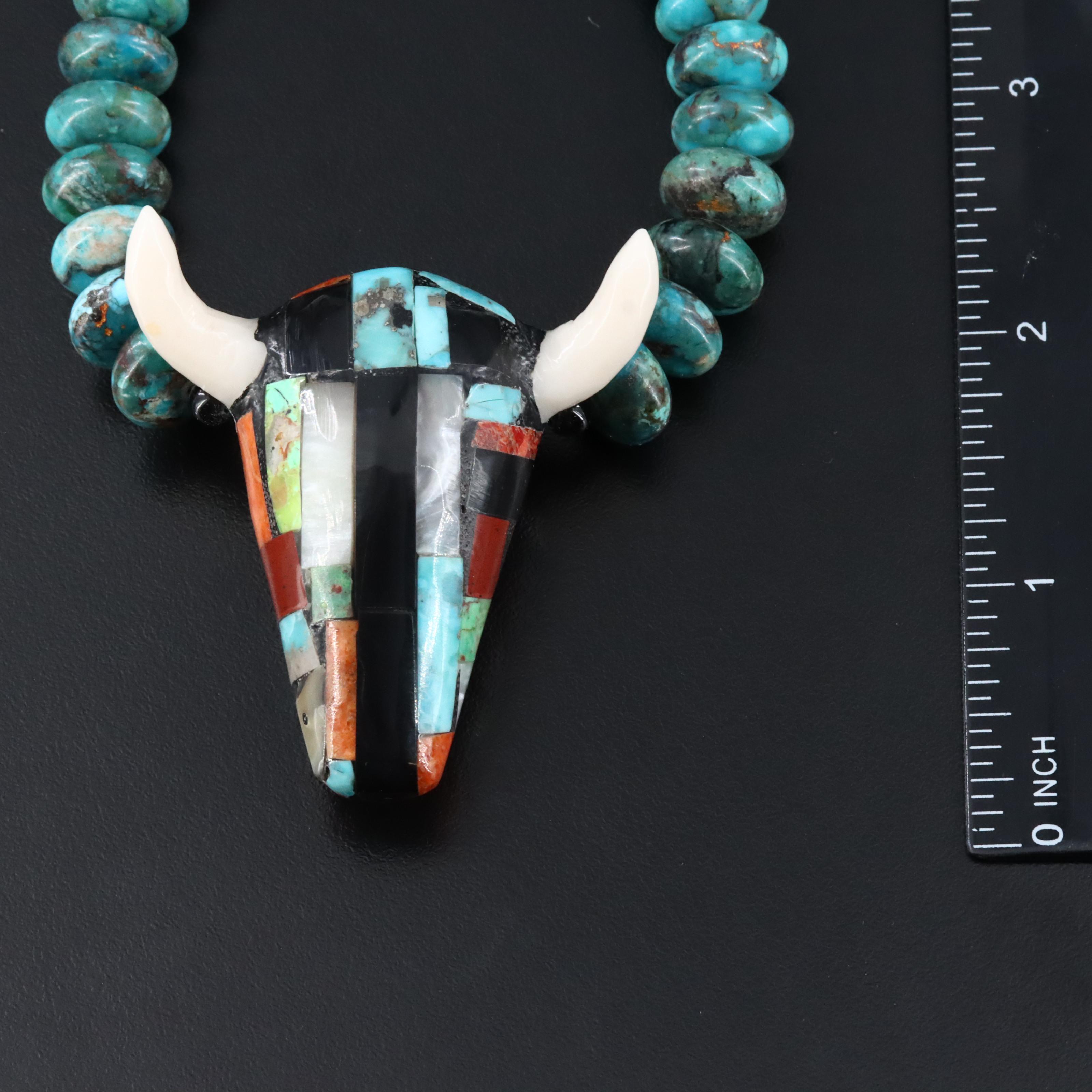 Southwestern Necklace with Mosaic Inlay Bulls Head Pendant
