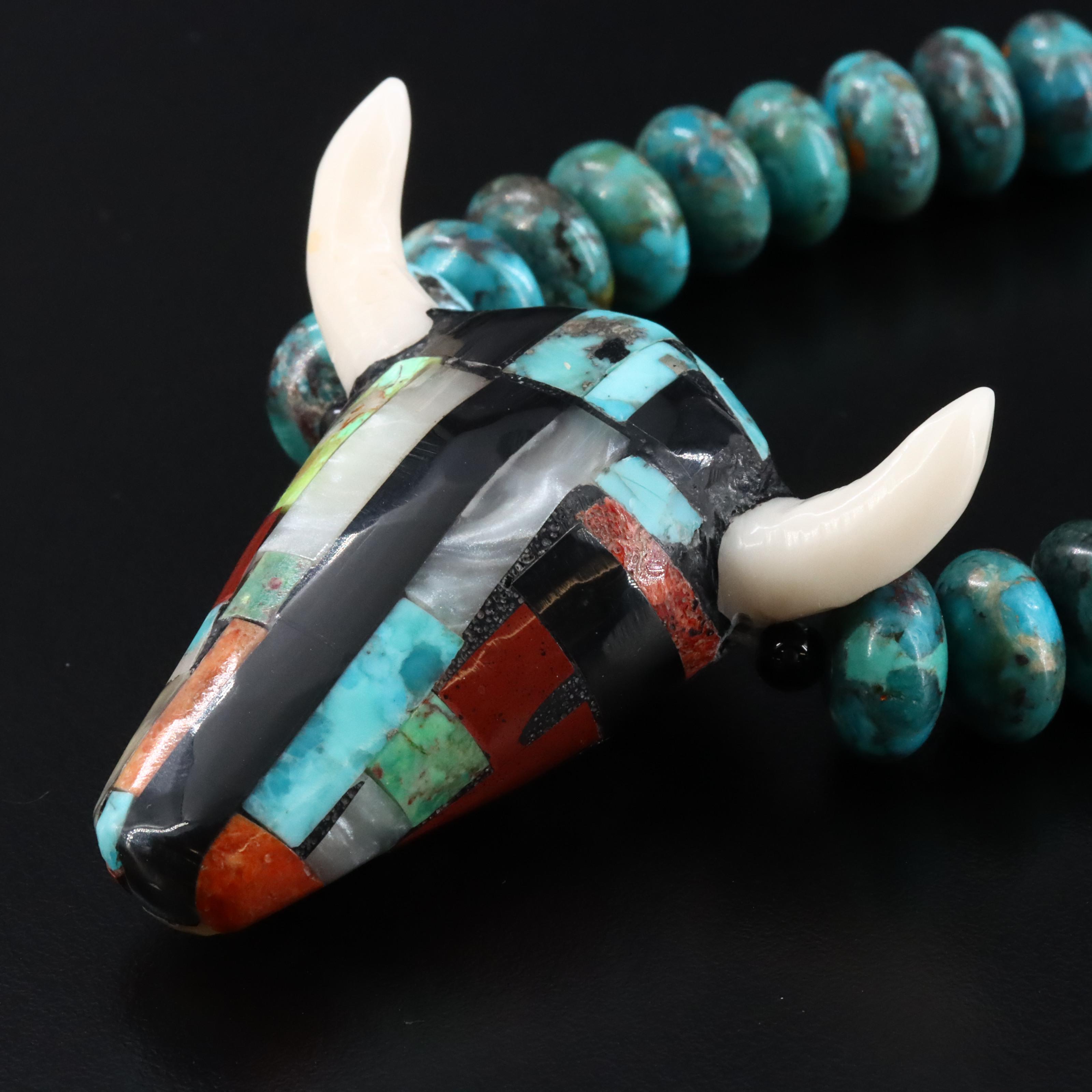 Southwestern Necklace with Mosaic Inlay Bulls Head Pendant