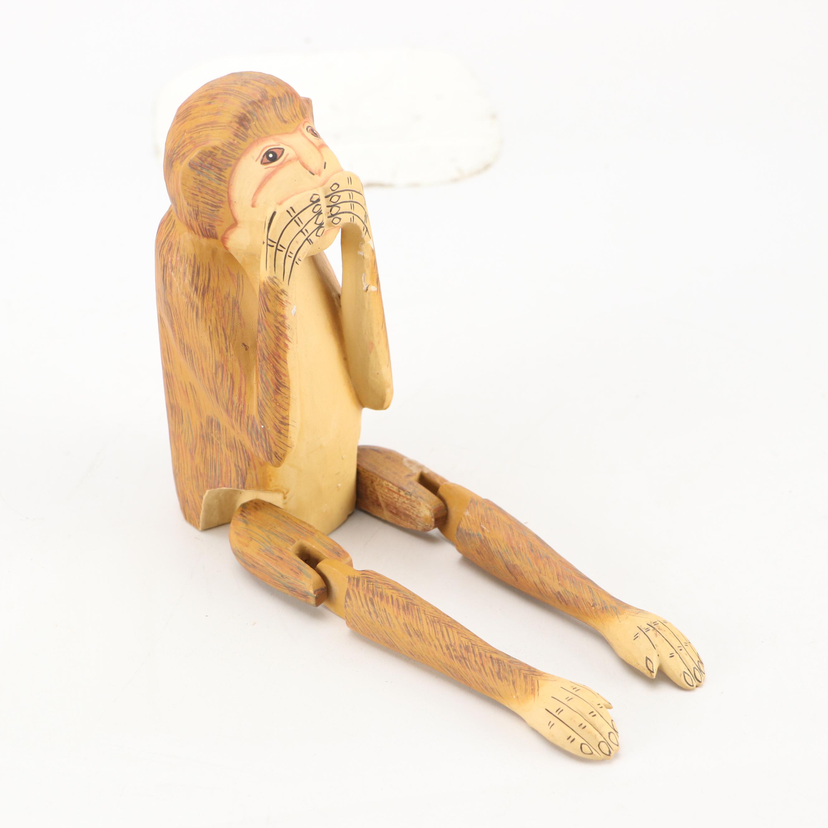 Polychrome and Carved Wood See No Evil, Hear No Evil, Speak No Evil Monkeys
