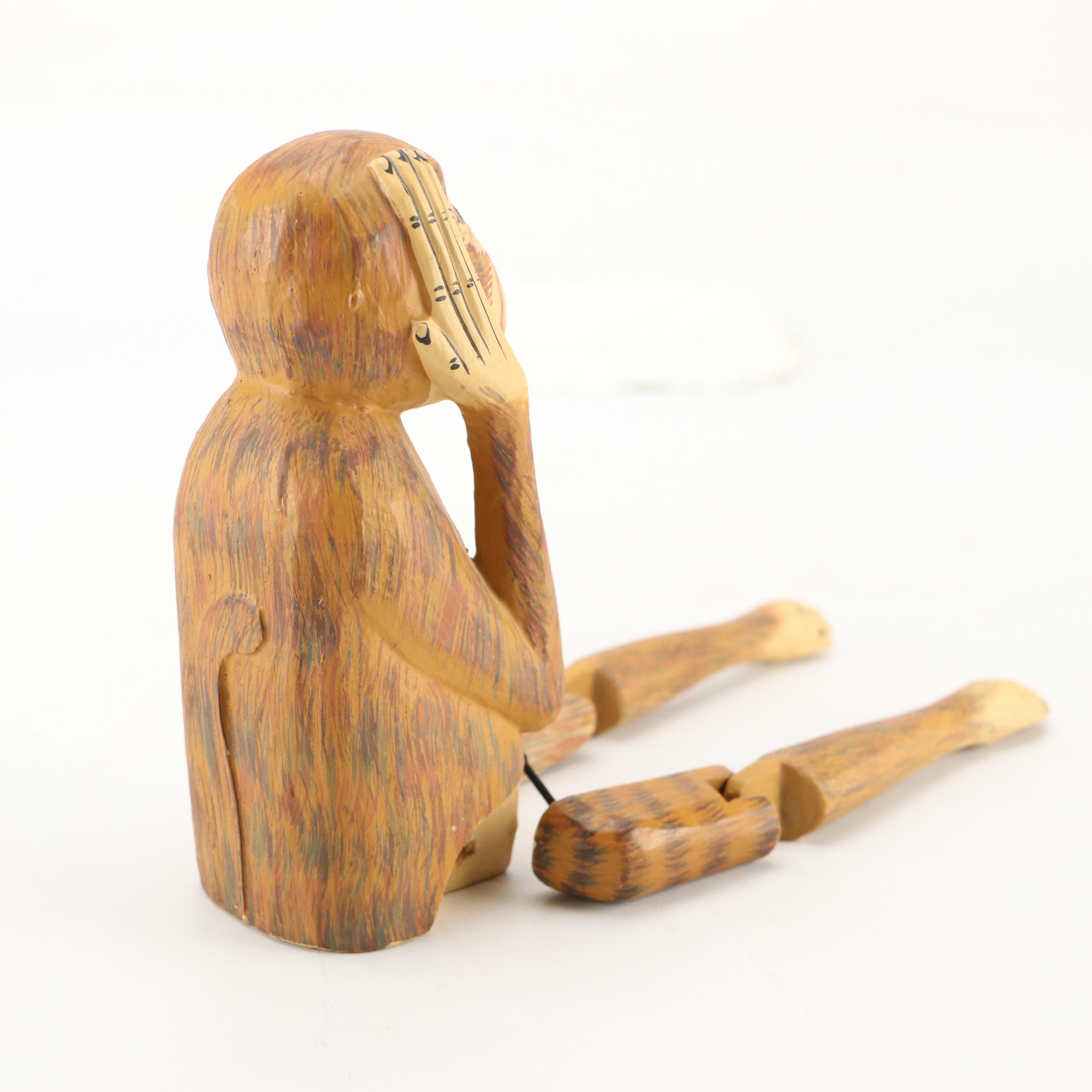 Polychrome and Carved Wood See No Evil, Hear No Evil, Speak No Evil Monkeys