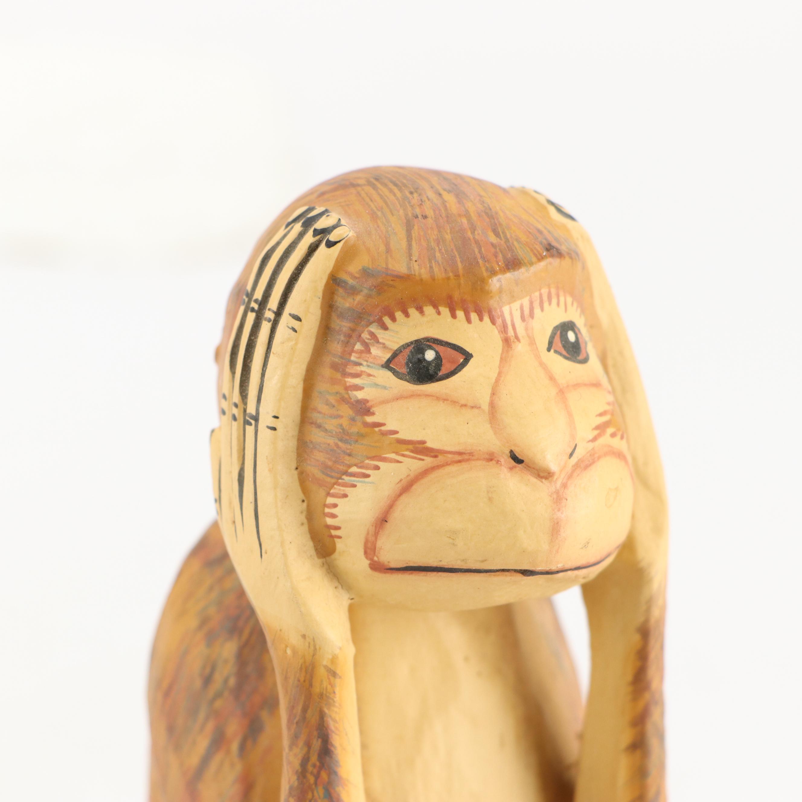 Polychrome and Carved Wood See No Evil, Hear No Evil, Speak No Evil Monkeys