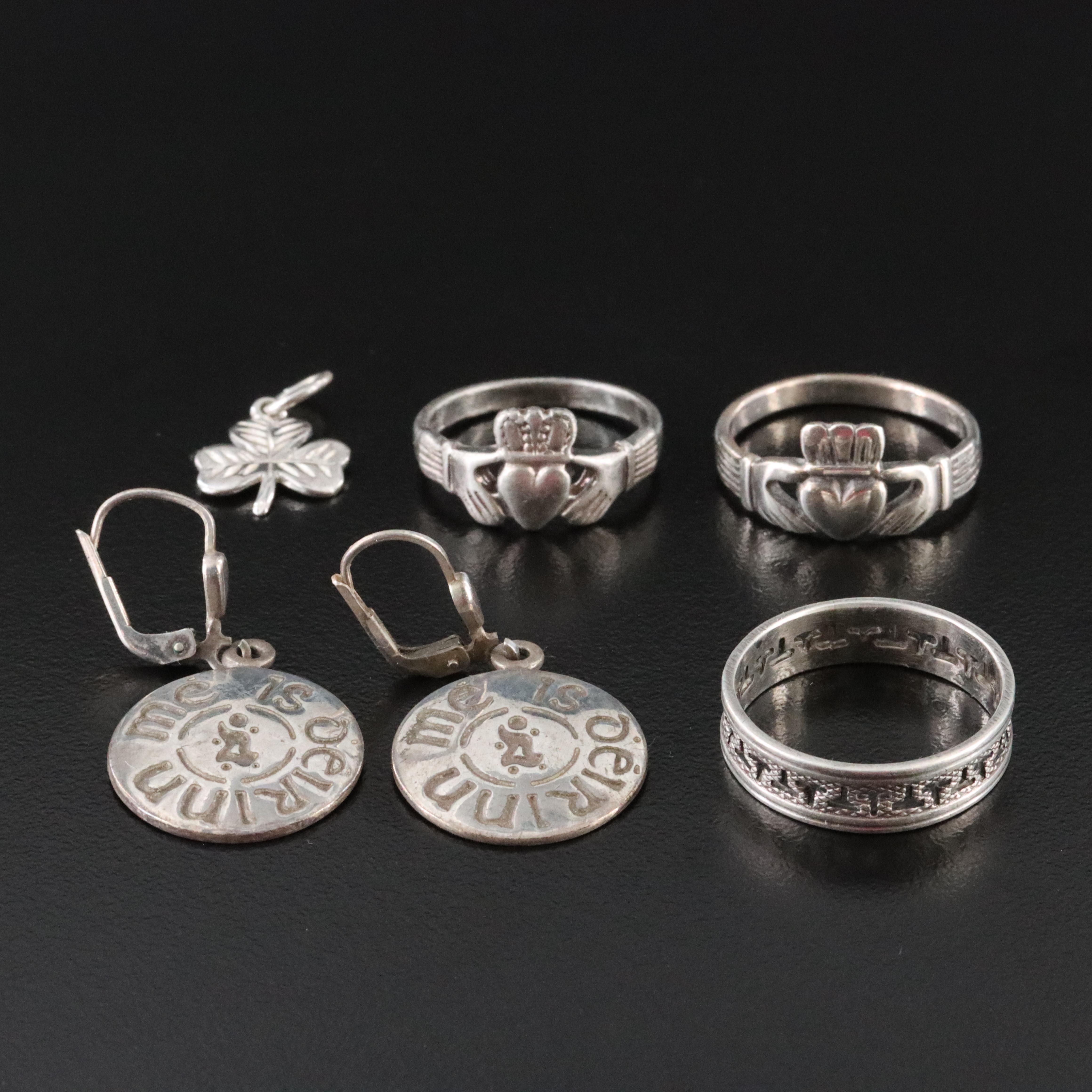 Sterling Jewelry Collection Featuring Irish Claddagh Ring and Shamrock Pendant