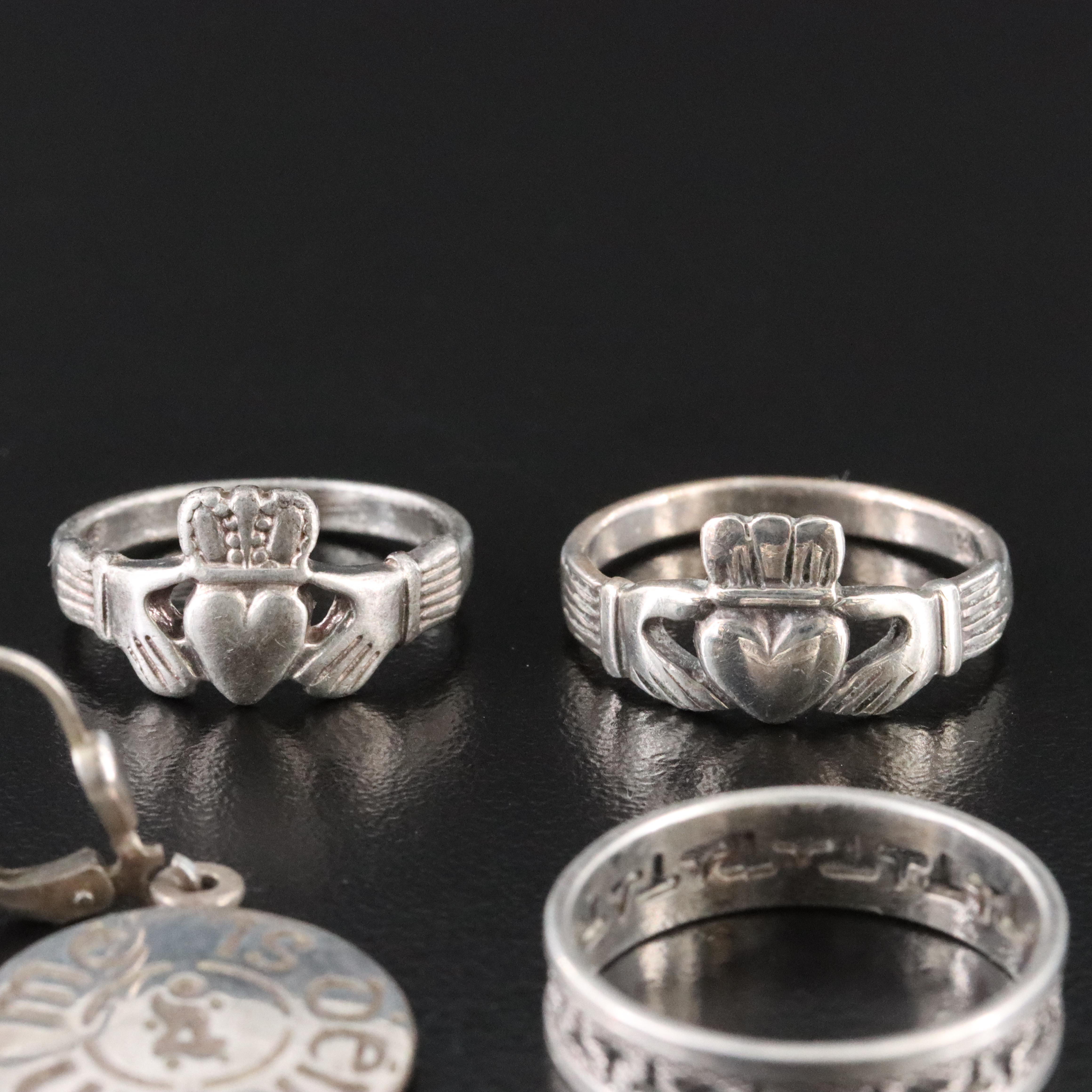 Sterling Jewelry Collection Featuring Irish Claddagh Ring and Shamrock Pendant