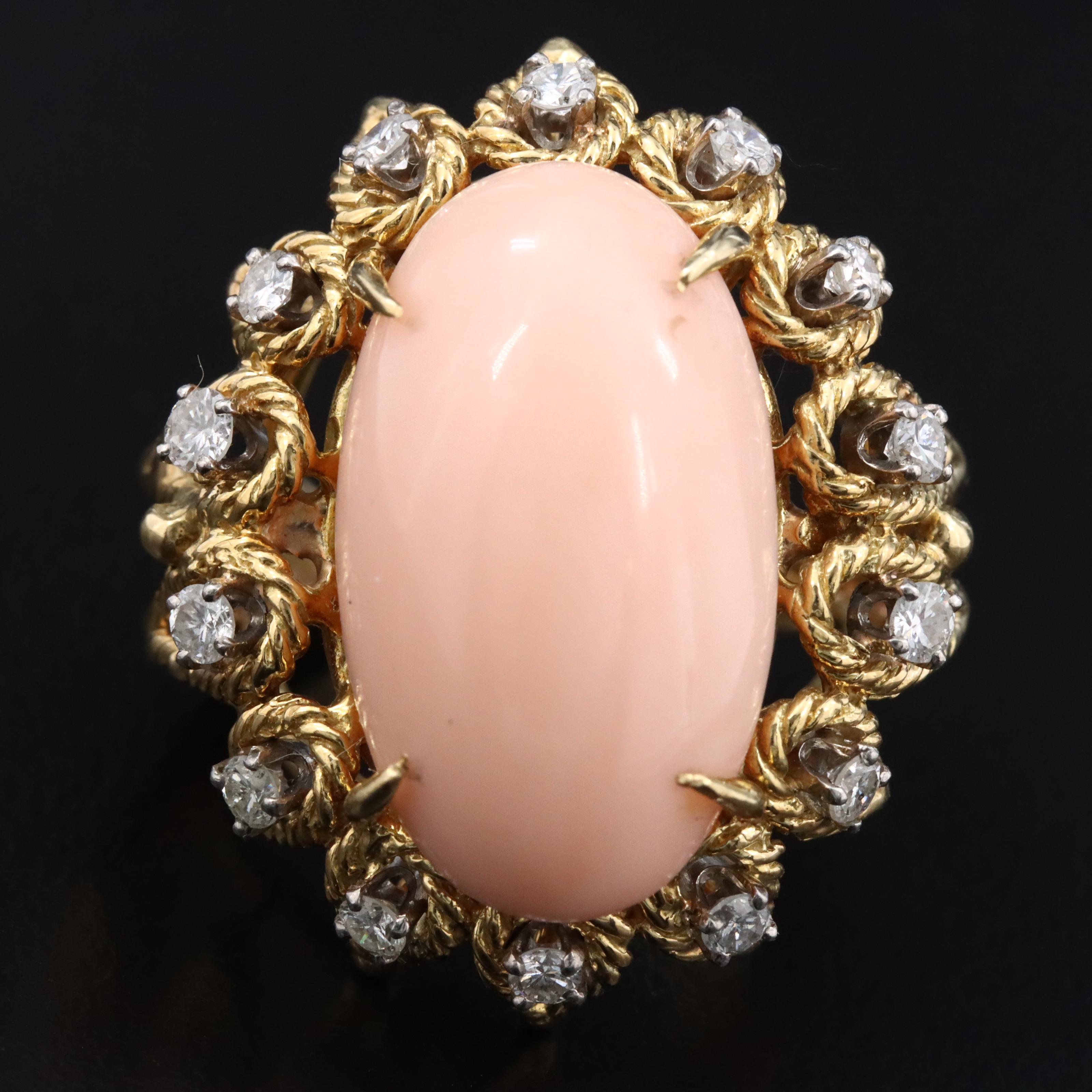 1960s 18K Coral and Diamond Ring