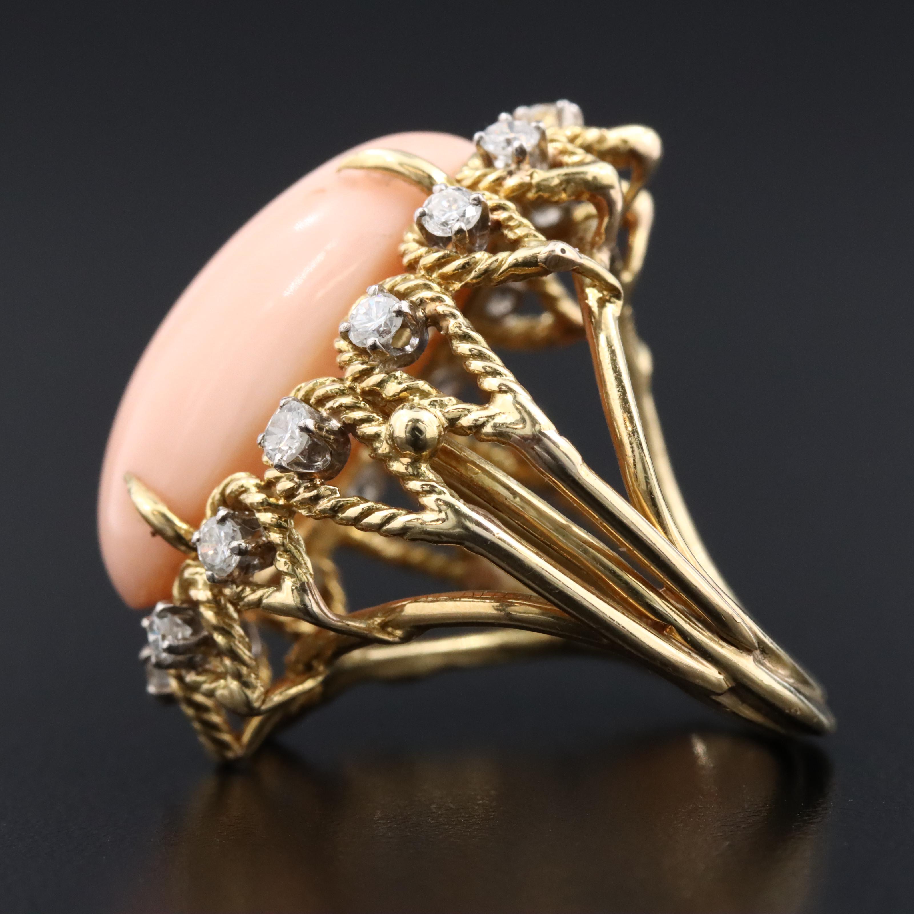 1960s 18K Coral and Diamond Ring