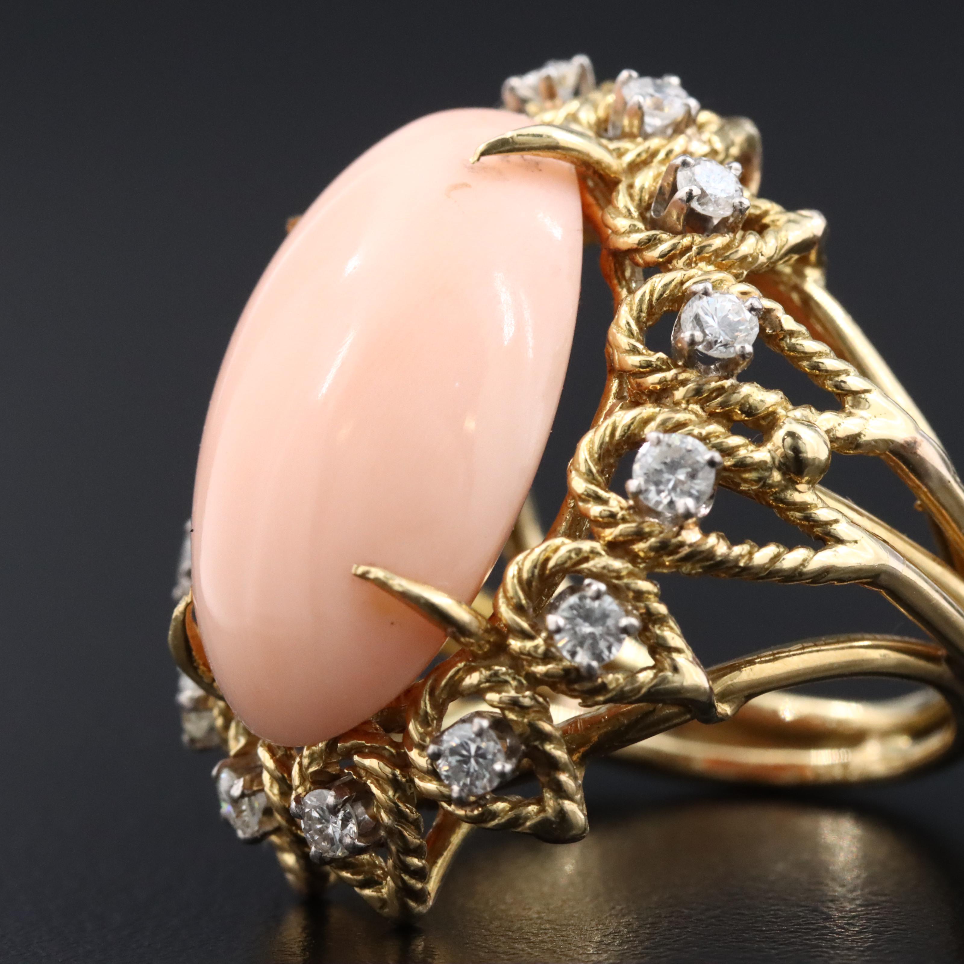 1960s 18K Coral and Diamond Ring