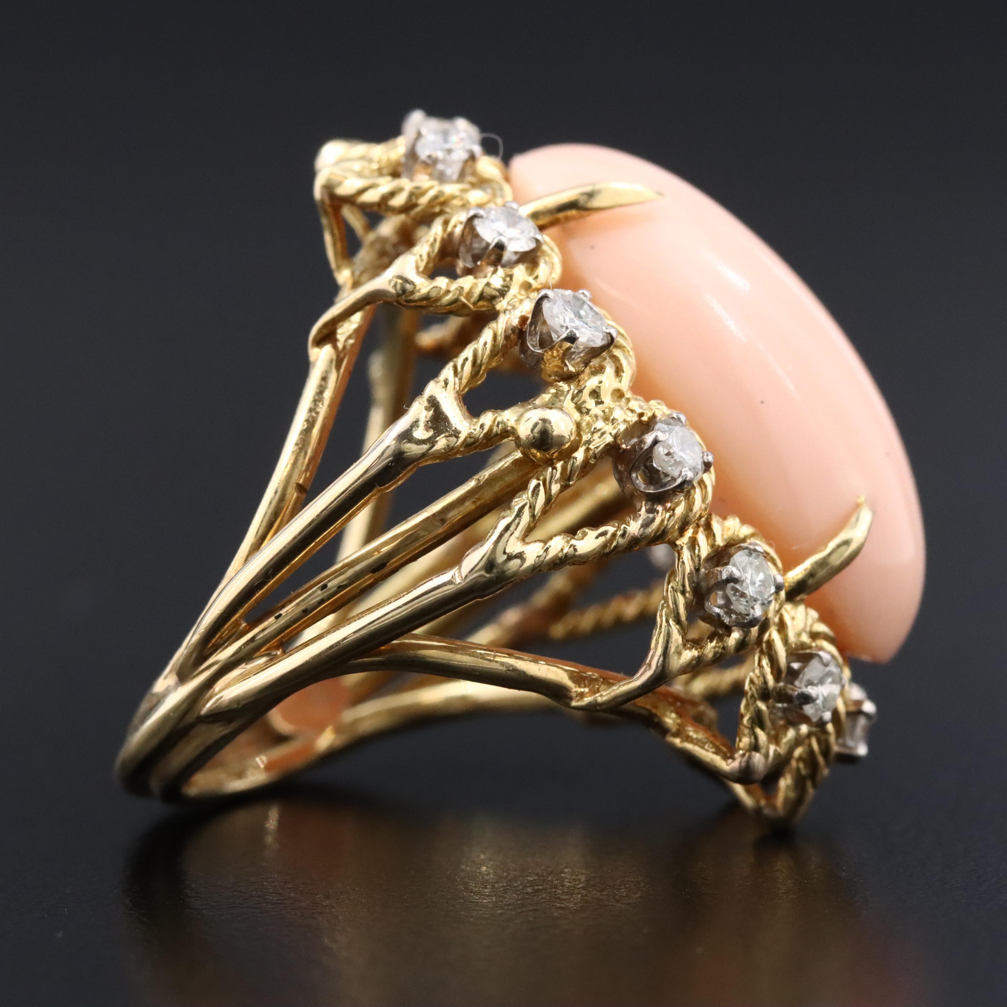 1960s 18K Coral and Diamond Ring