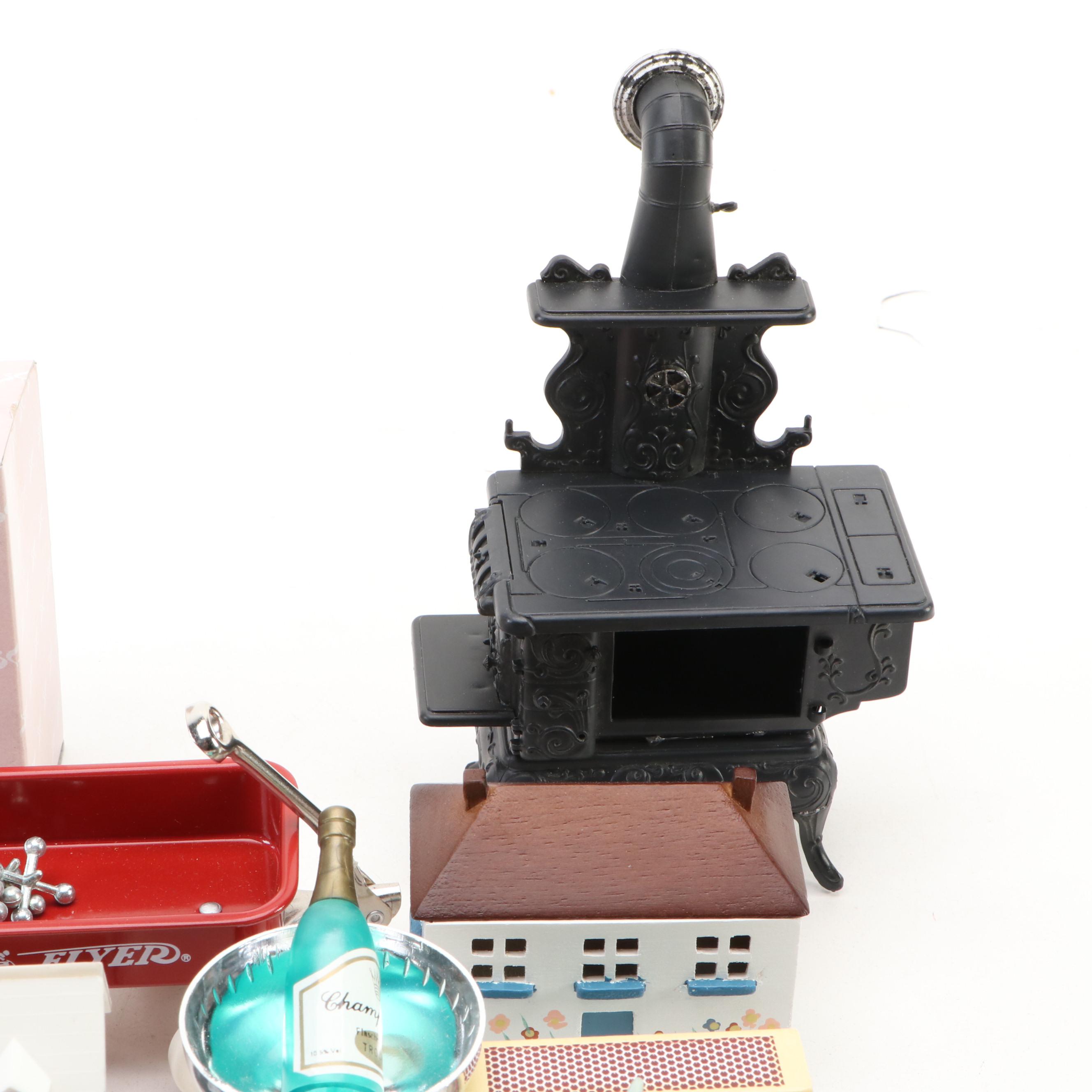 Victorian Style Potbelly Stoves with Other Miniature Accessories and Decor