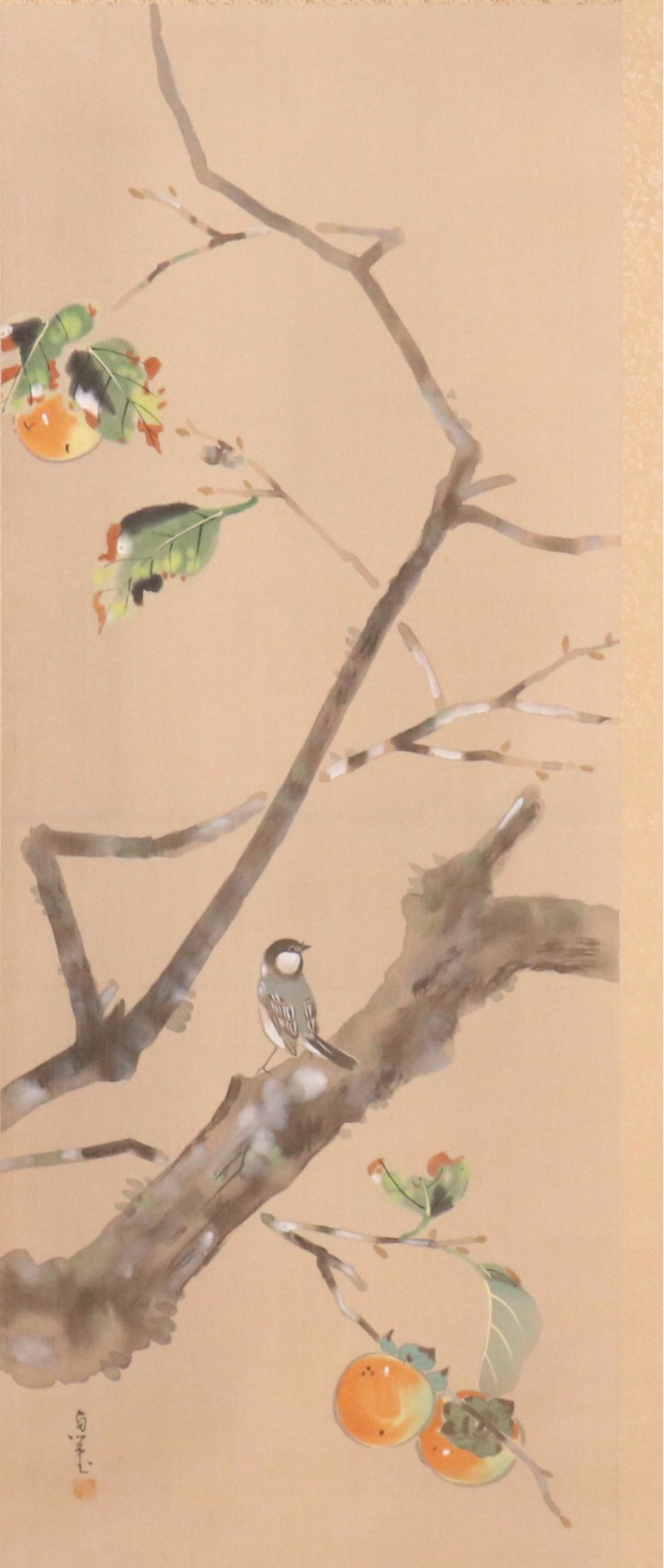 Japanese Watercolor on Silk Wall Hanging of Bird on Persimmon Tree Bough