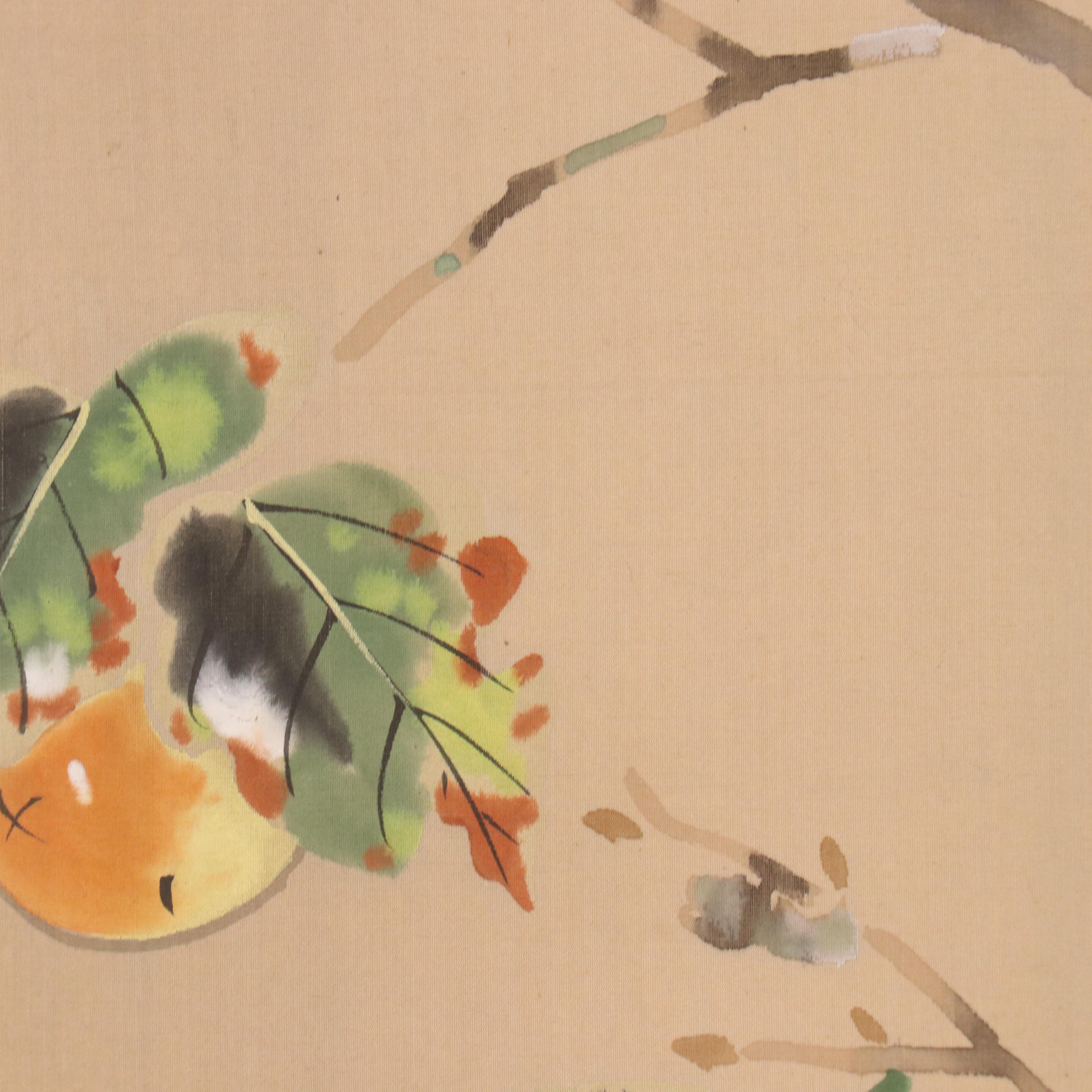 Japanese Watercolor on Silk Wall Hanging of Bird on Persimmon Tree Bough