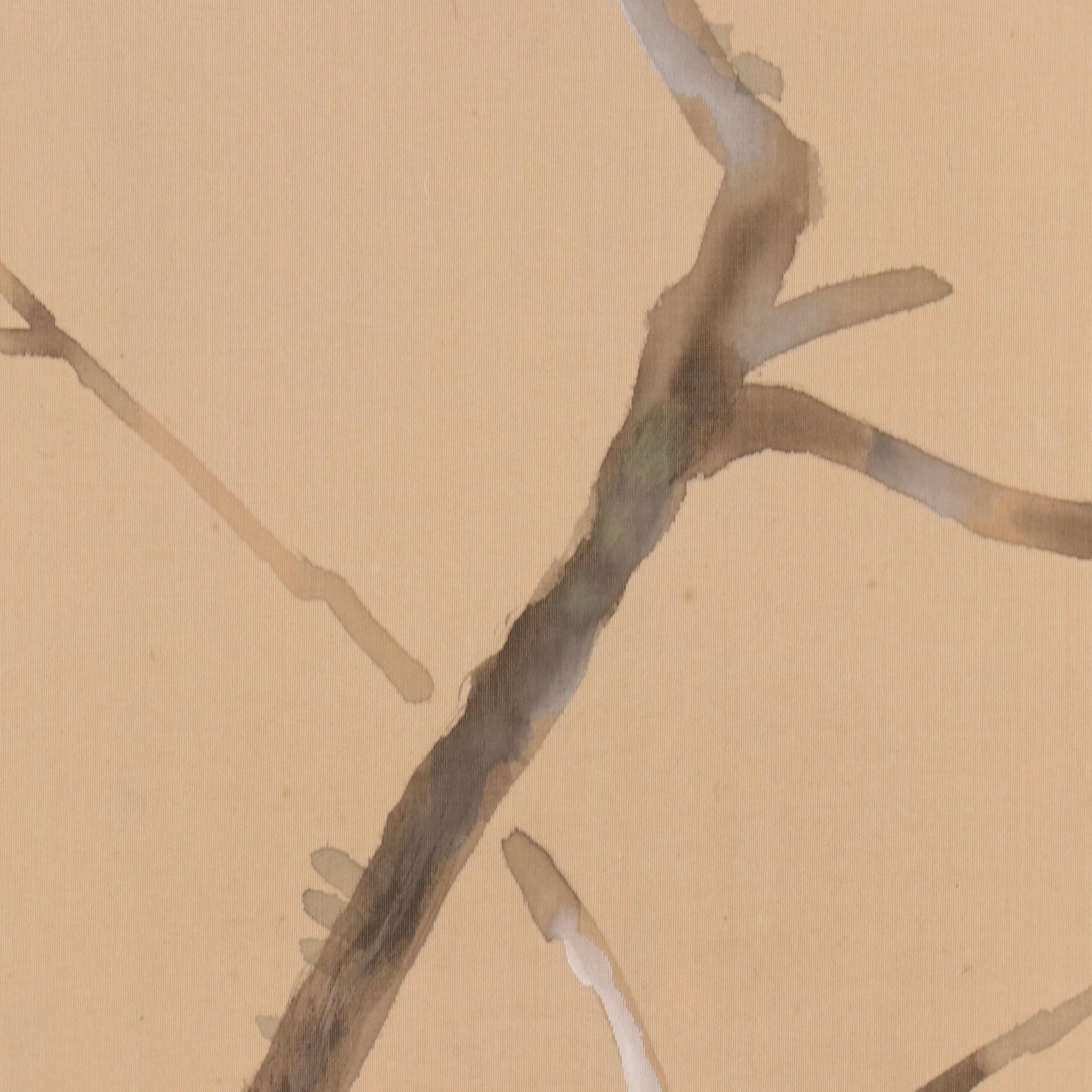 Japanese Watercolor on Silk Wall Hanging of Bird on Persimmon Tree Bough