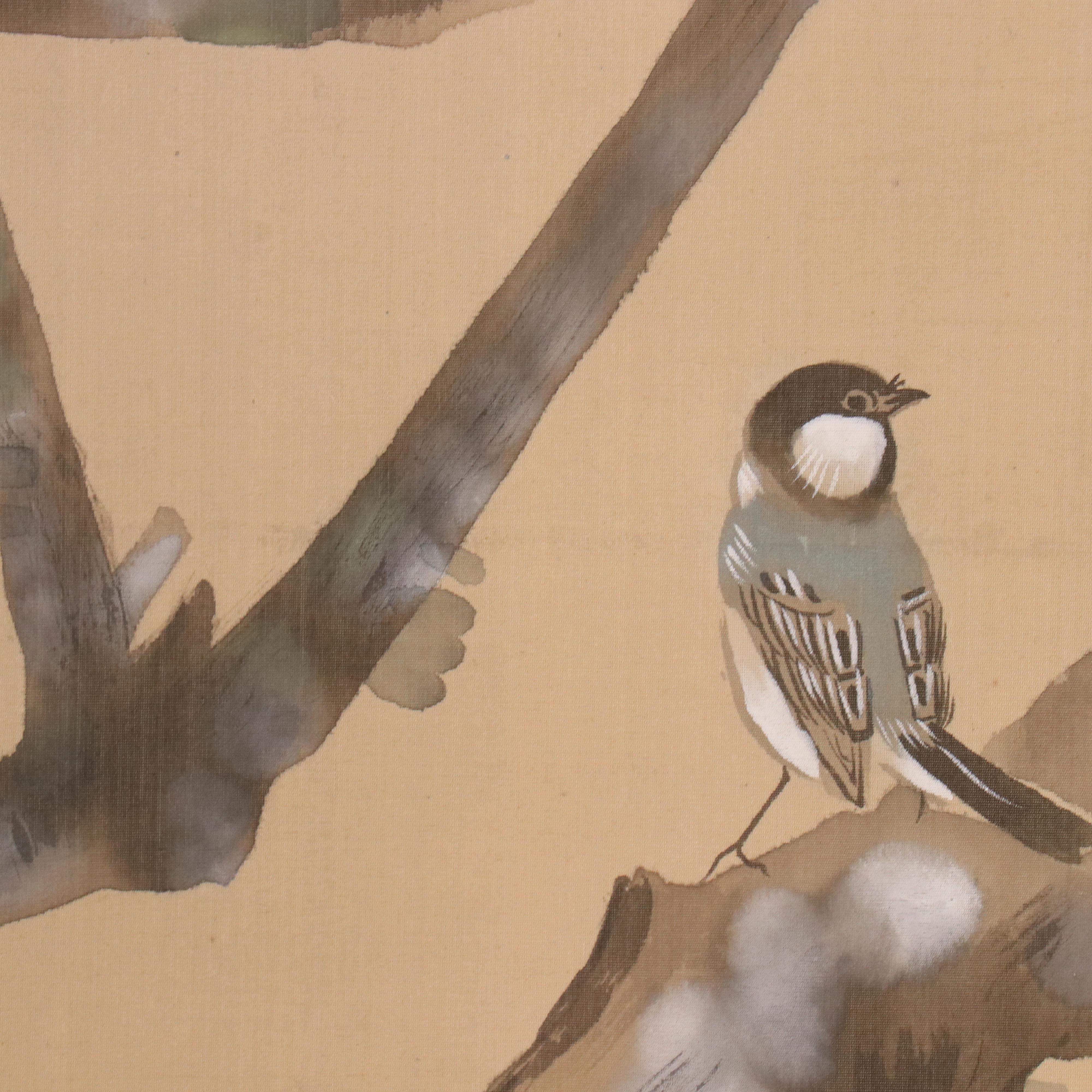 Japanese Watercolor on Silk Wall Hanging of Bird on Persimmon Tree Bough