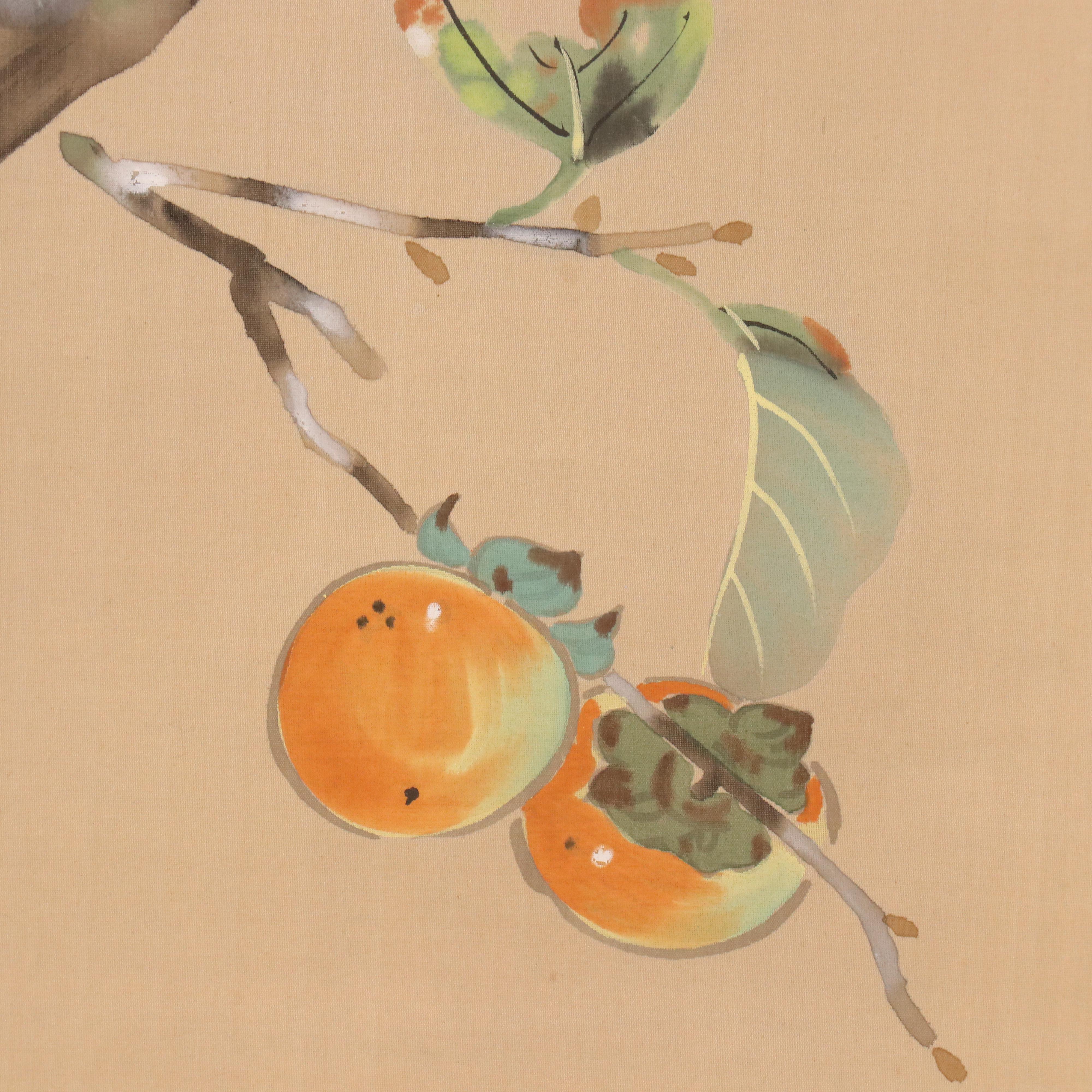 Japanese Watercolor on Silk Wall Hanging of Bird on Persimmon Tree Bough
