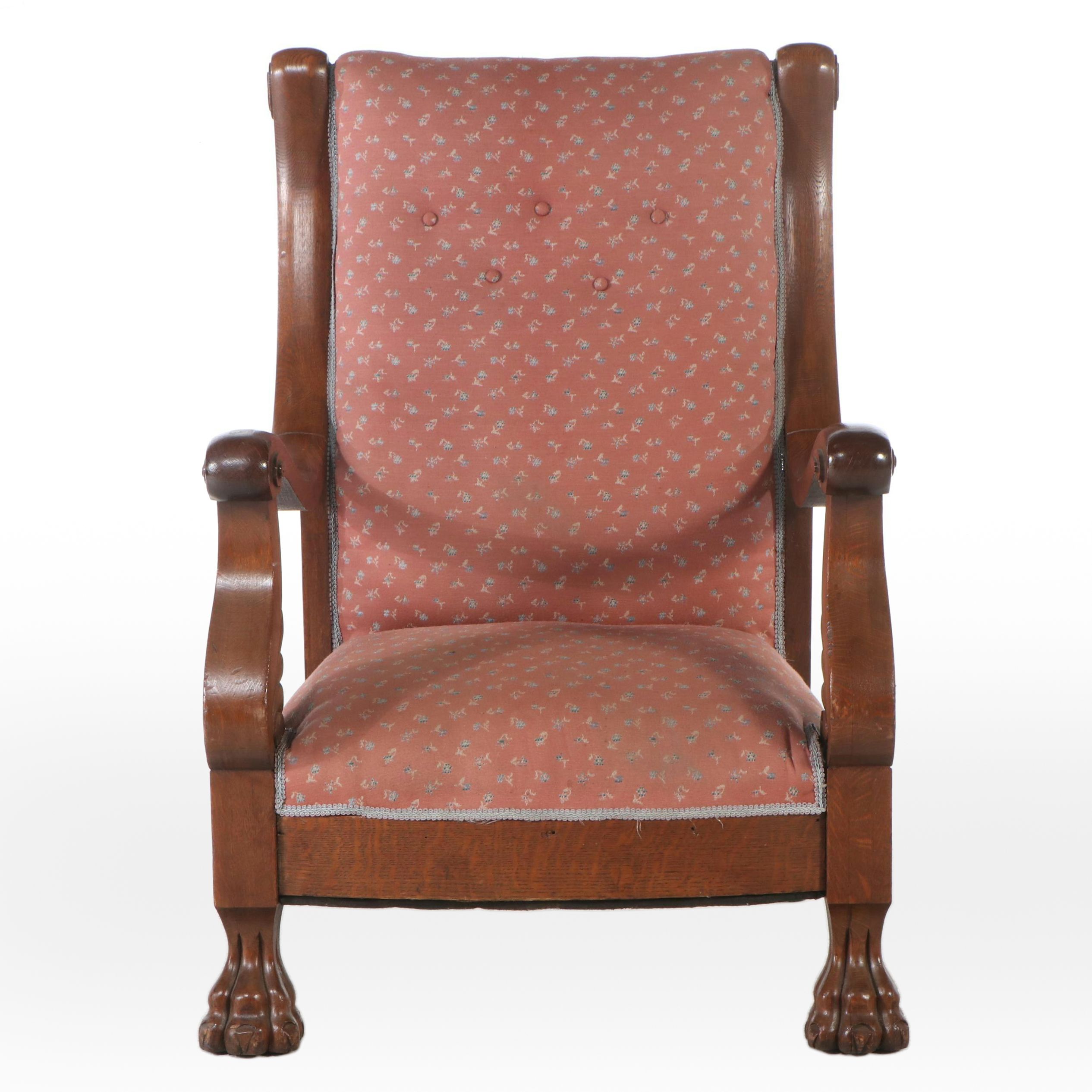 Empire Style Button-Tufted Upholstered Carved Walnut Armchair with Paw Feet