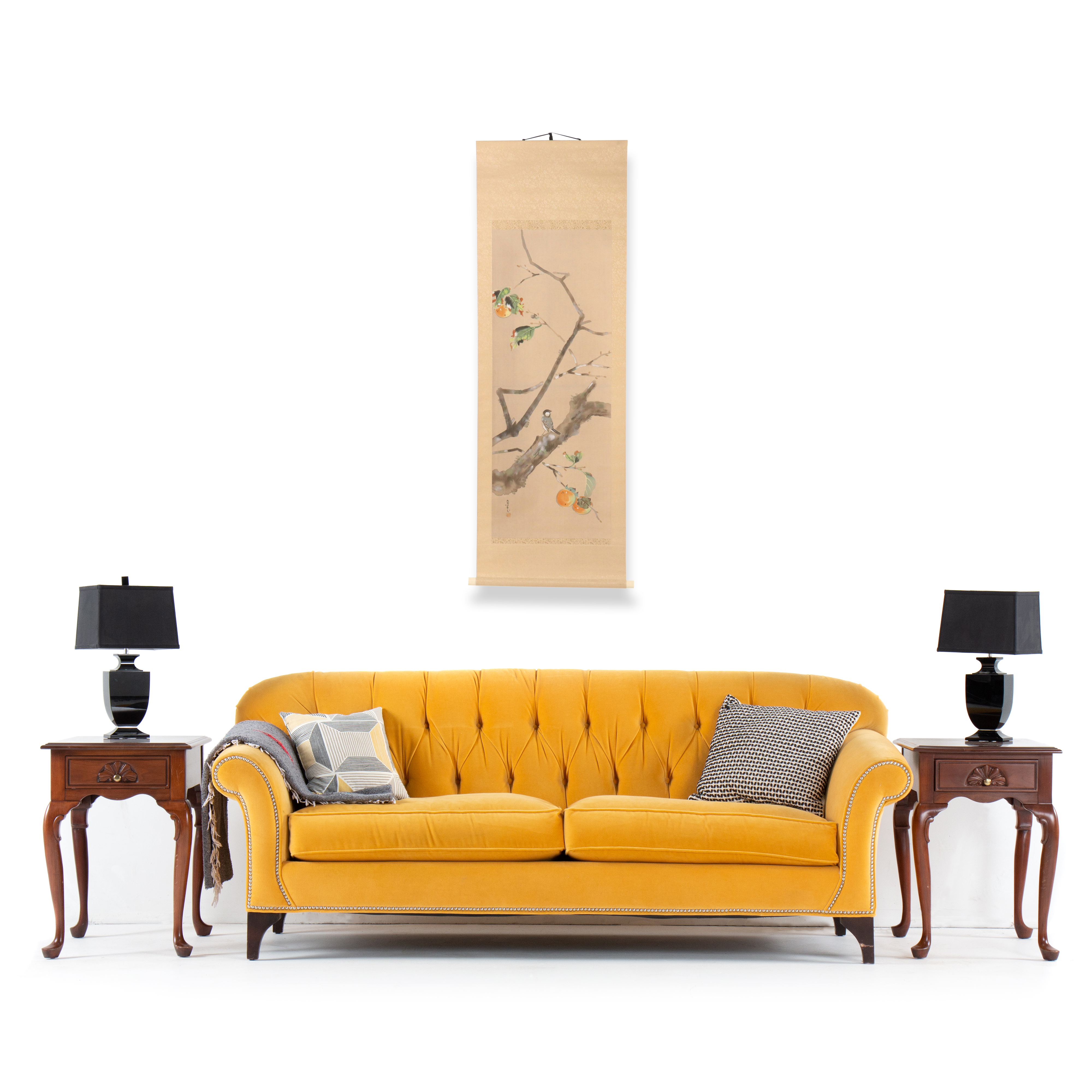 Japanese Watercolor on Silk Wall Hanging of Bird on Persimmon Tree Bough