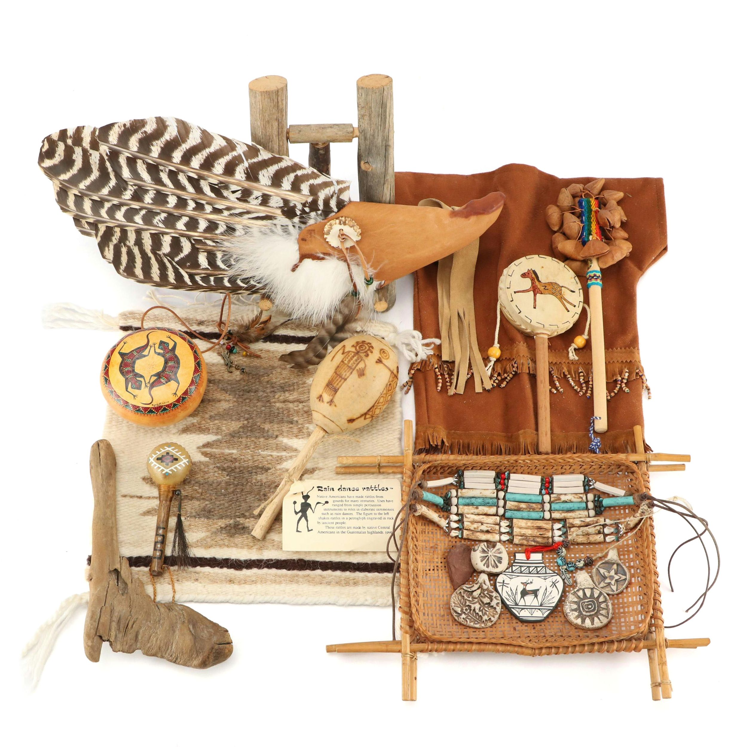 Hand-Crafted Gourd & Hide Rattles, Souvenir Buckskin Shirt, Basket, and More