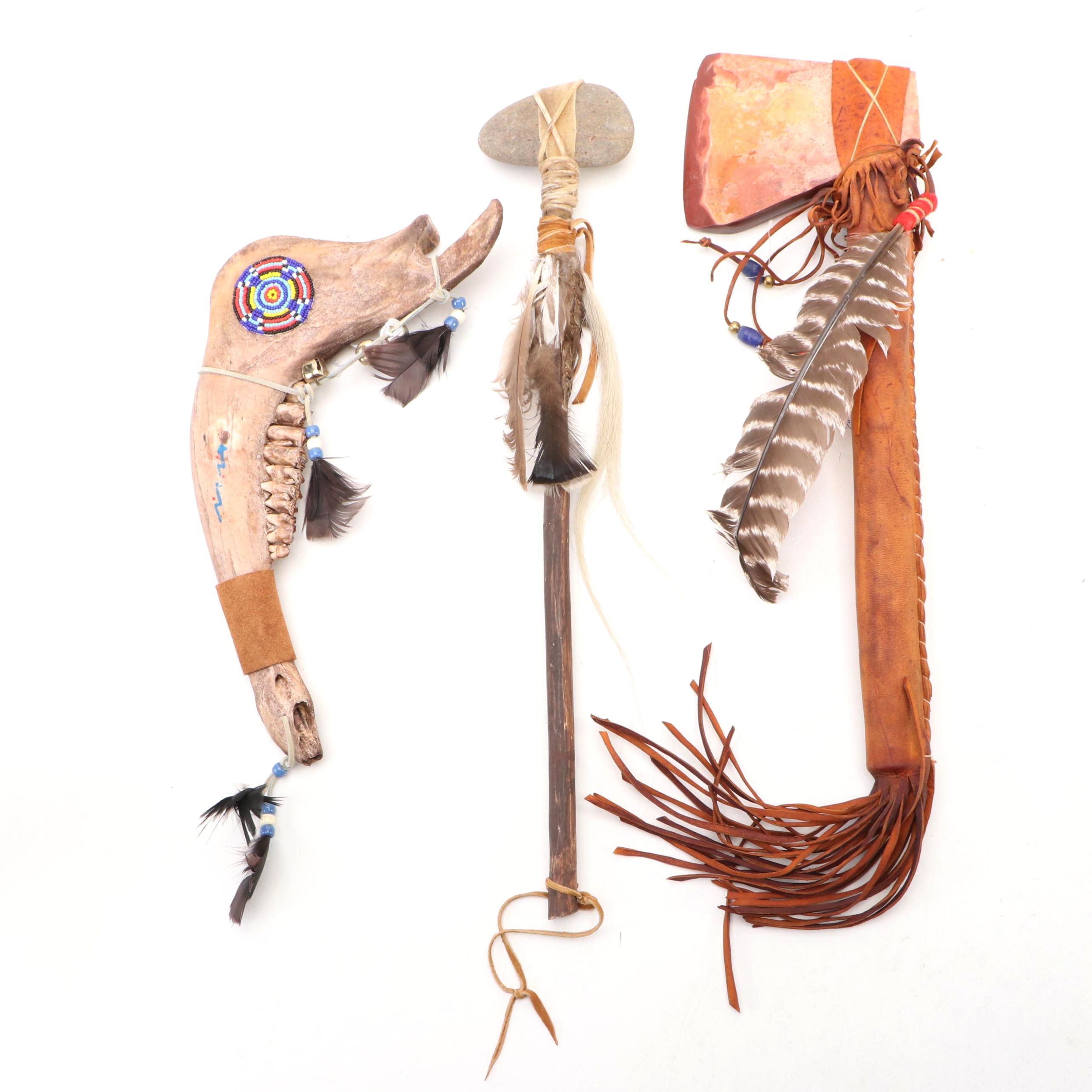 Stone Head Souvenir War Club with Stone Tomahawk and Bison Jawbone