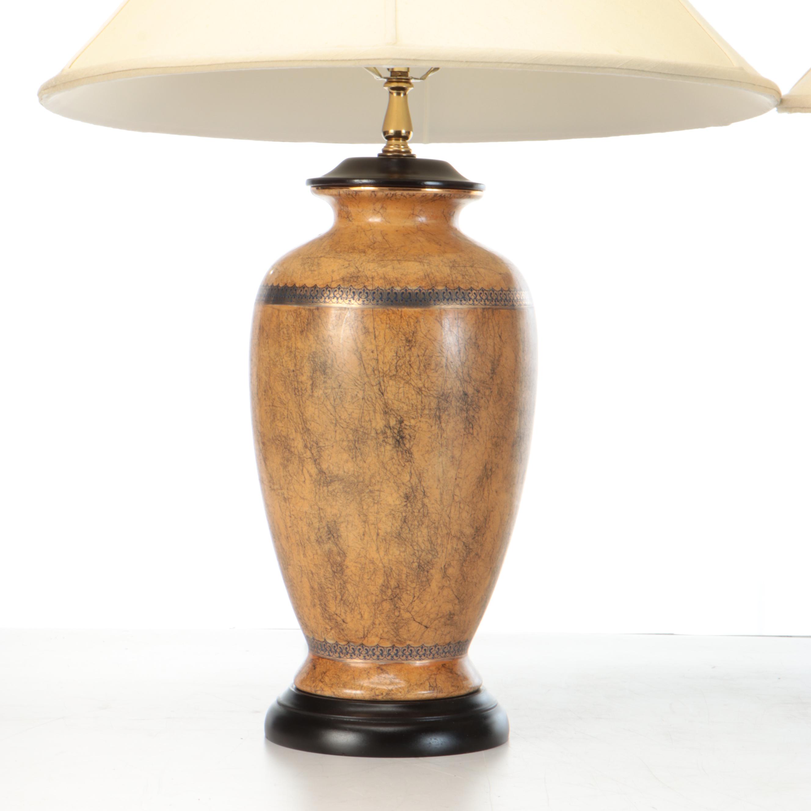 Distressed Ocher Finish Vase Table Lamps with Silk Coolie Shades, Vintage