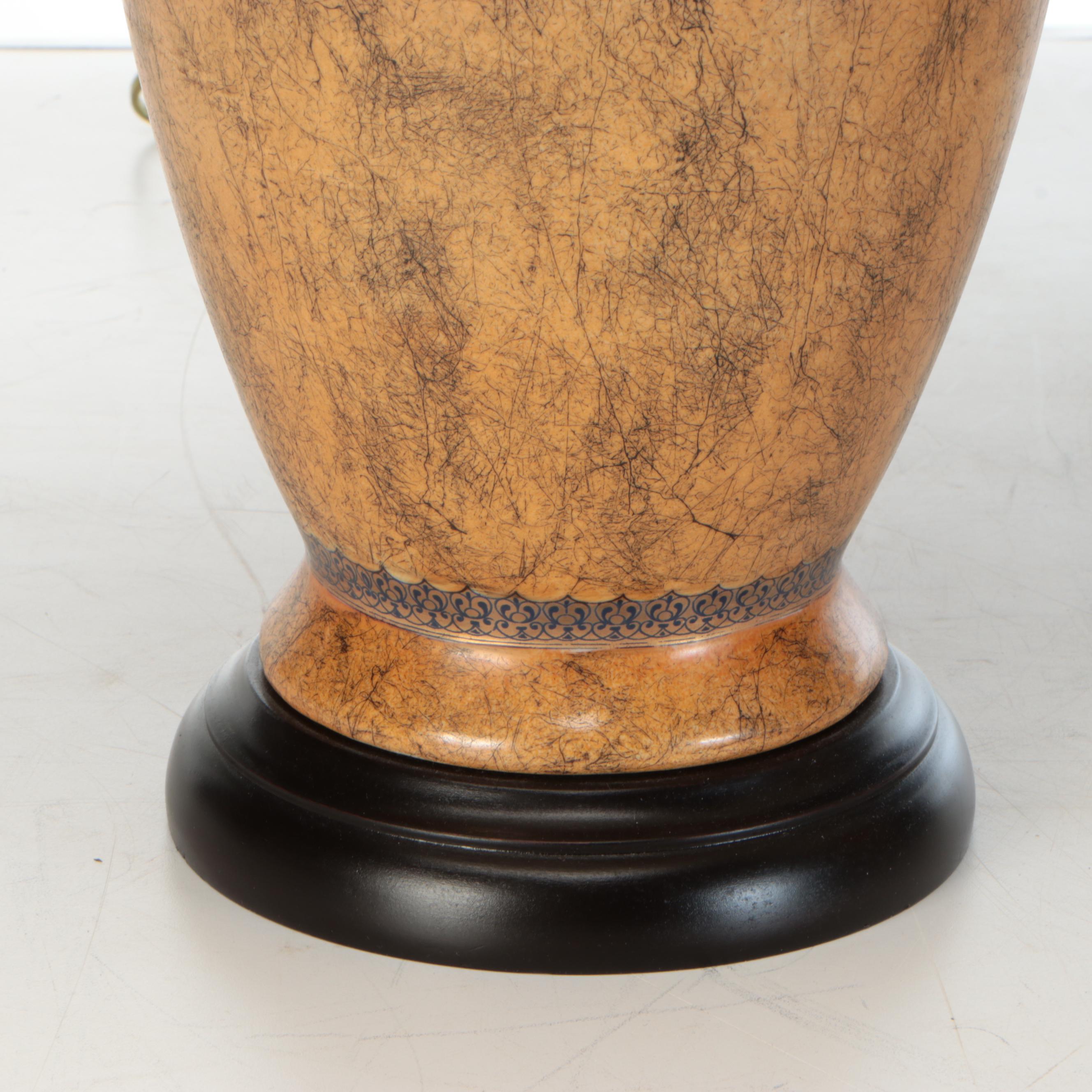 Distressed Ocher Finish Vase Table Lamps with Silk Coolie Shades, Vintage