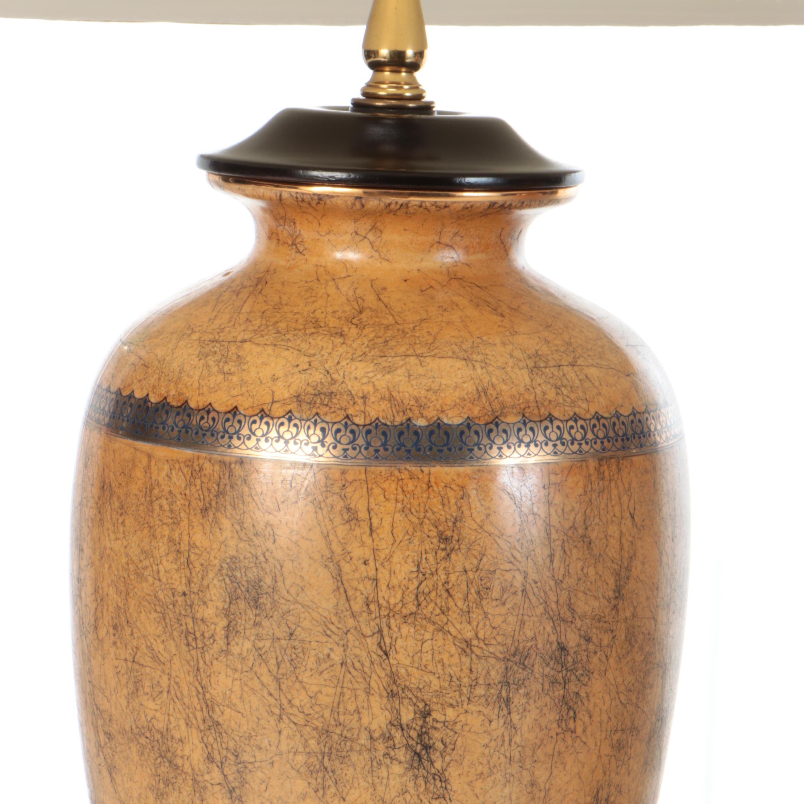 Distressed Ocher Finish Vase Table Lamps with Silk Coolie Shades, Vintage