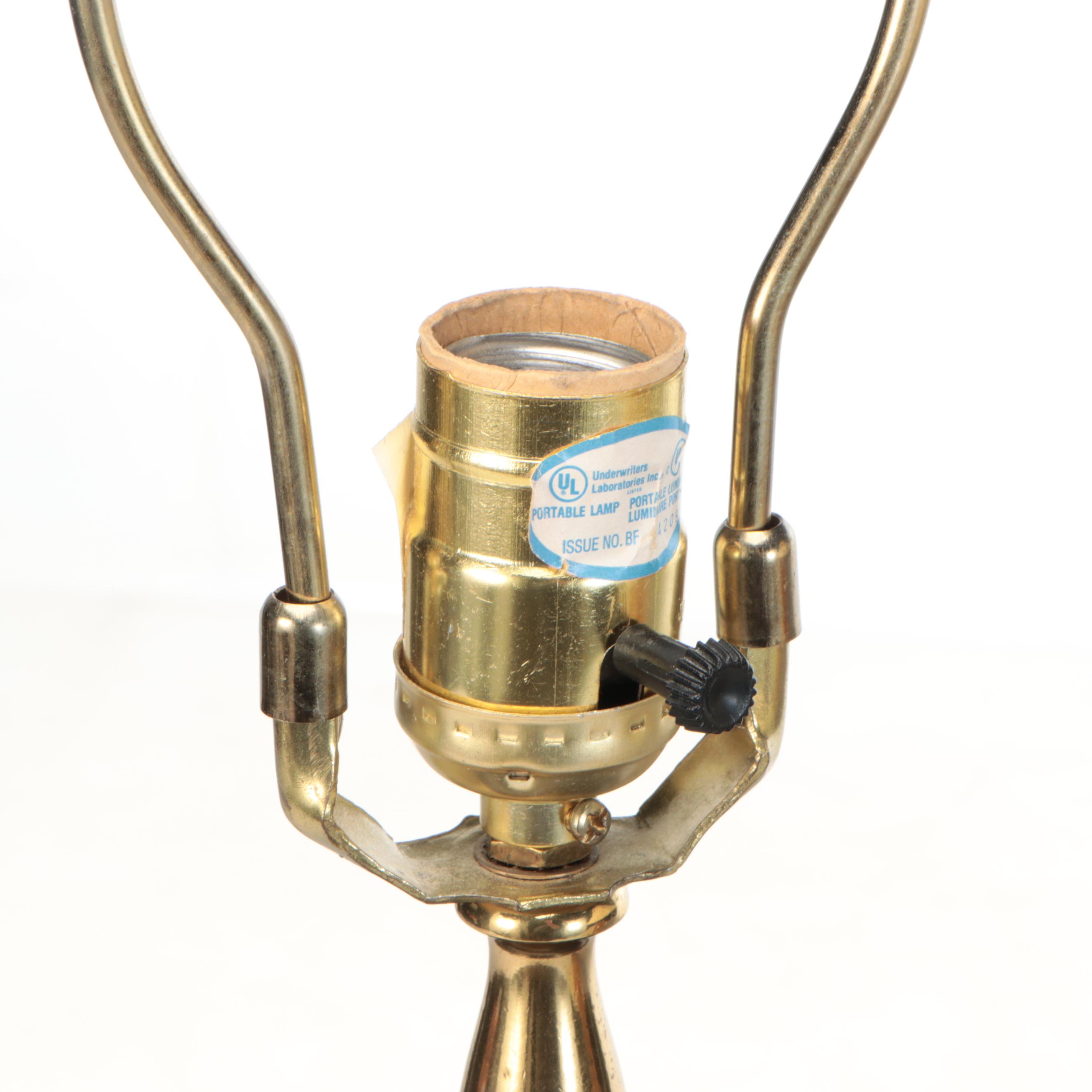 Distressed Ocher Finish Vase Table Lamps with Silk Coolie Shades, Vintage