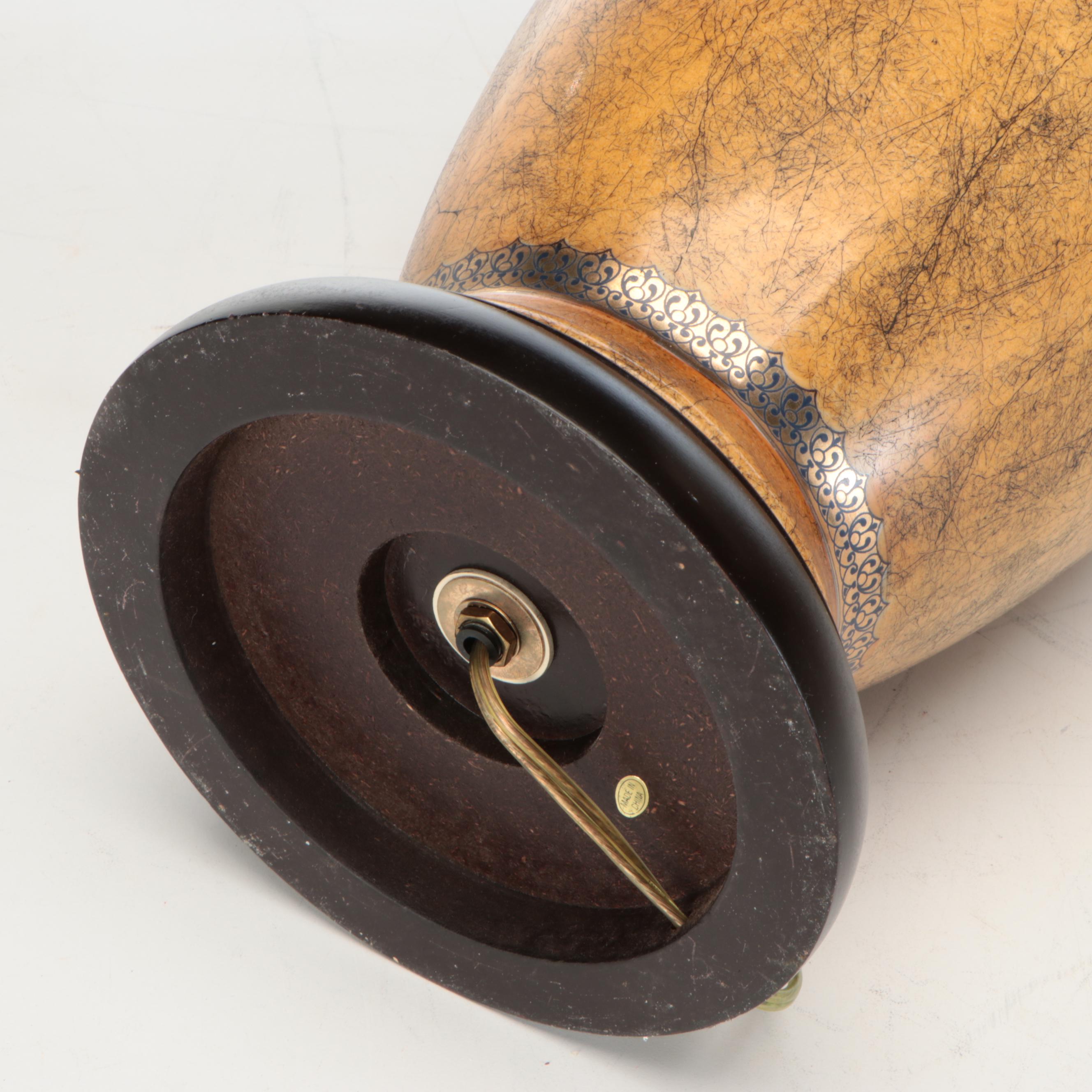 Distressed Ocher Finish Vase Table Lamps with Silk Coolie Shades, Vintage