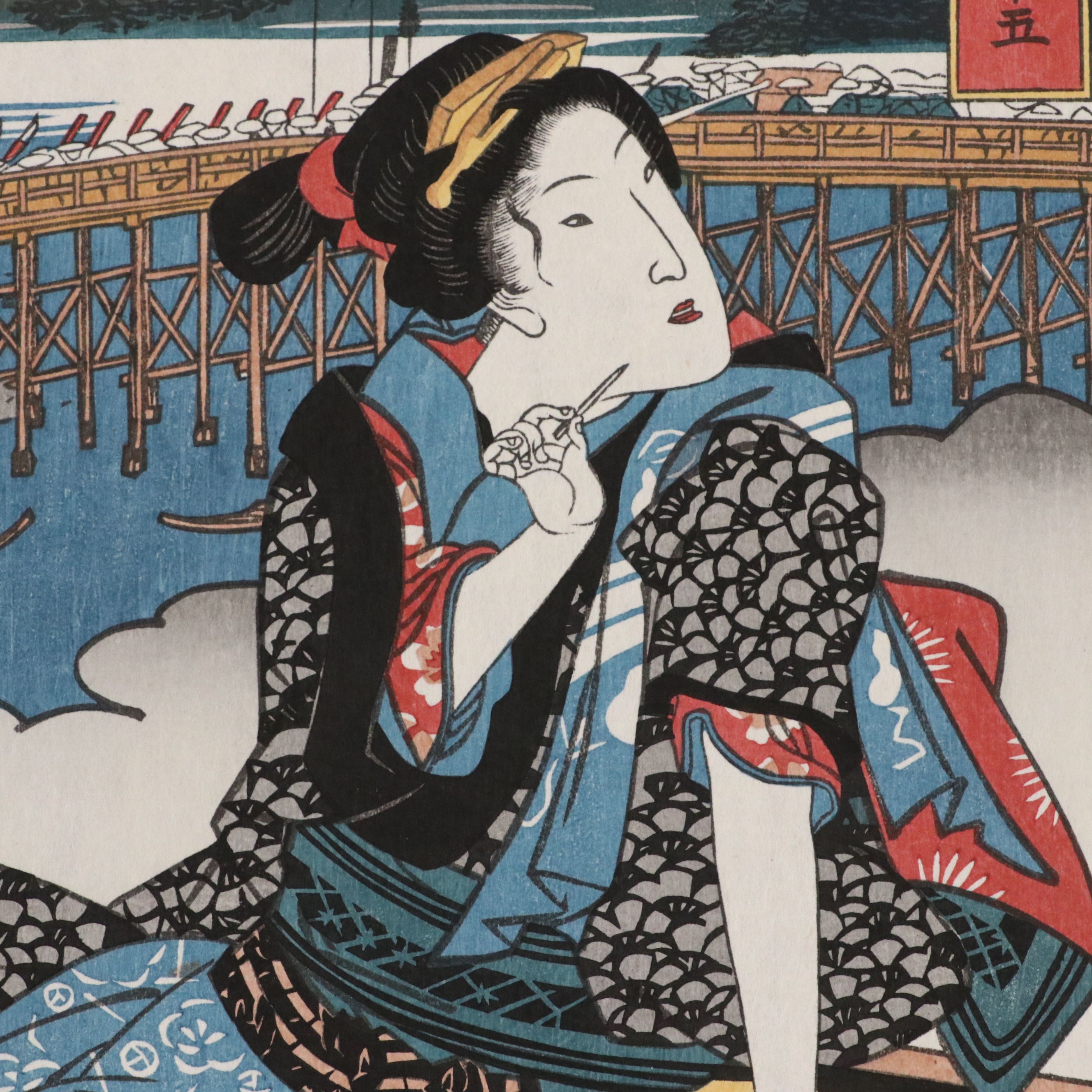 Keisai Eisen Restrike Ukiyo-e Woodblock "Yoshida Station"