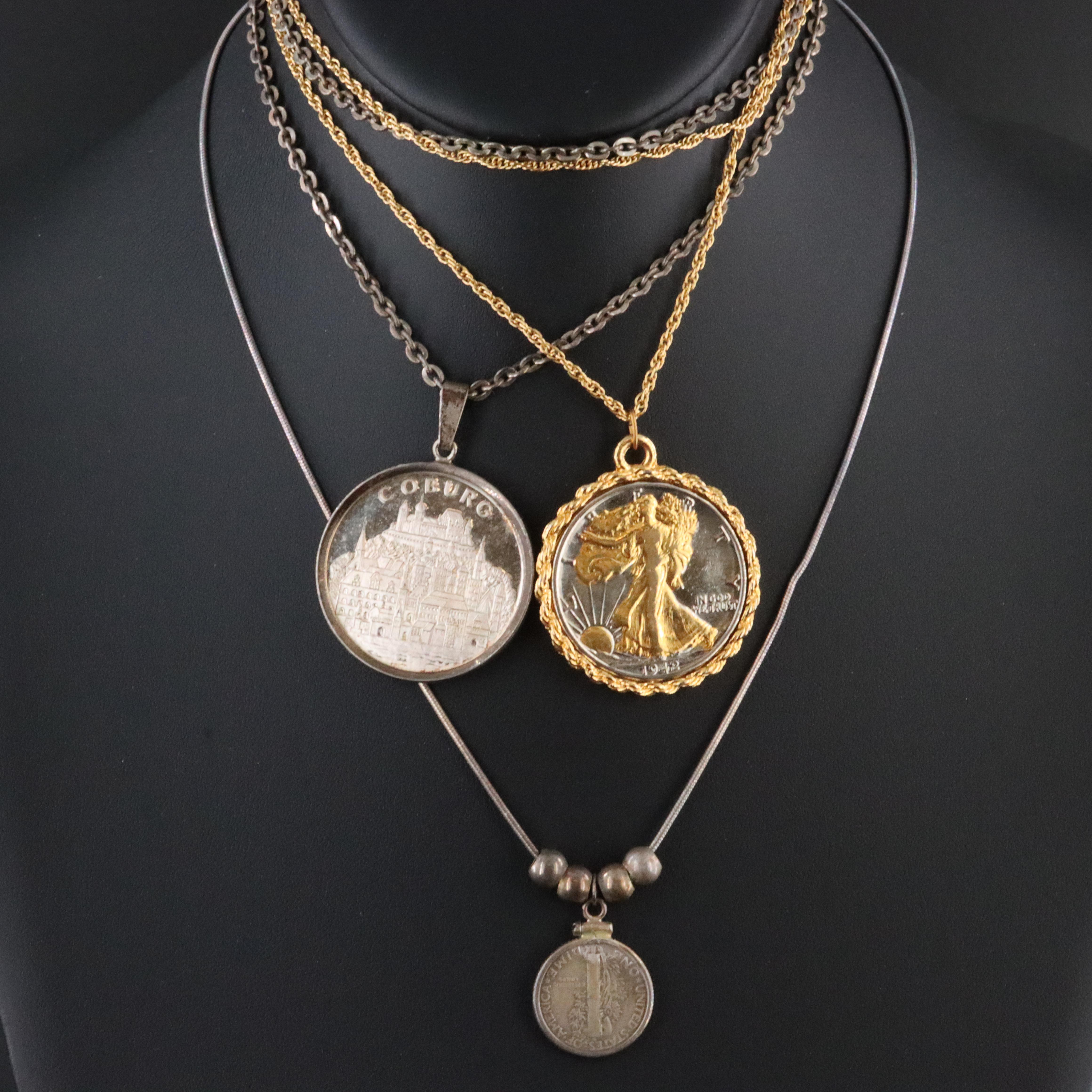 Sterling, 1942 Walking Liberty Coin and Coburg Medallion Featured in Necklaces