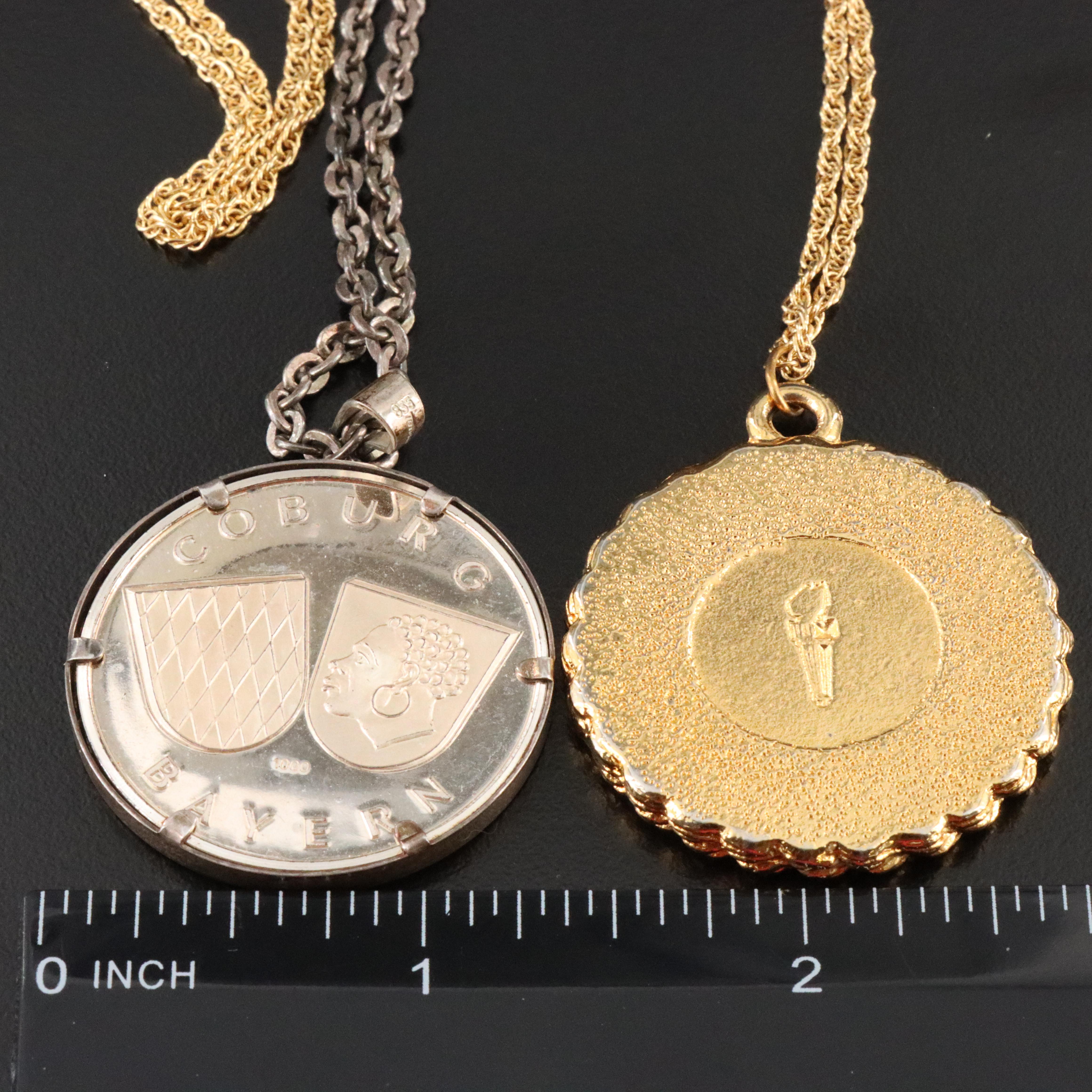Sterling, 1942 Walking Liberty Coin and Coburg Medallion Featured in Necklaces