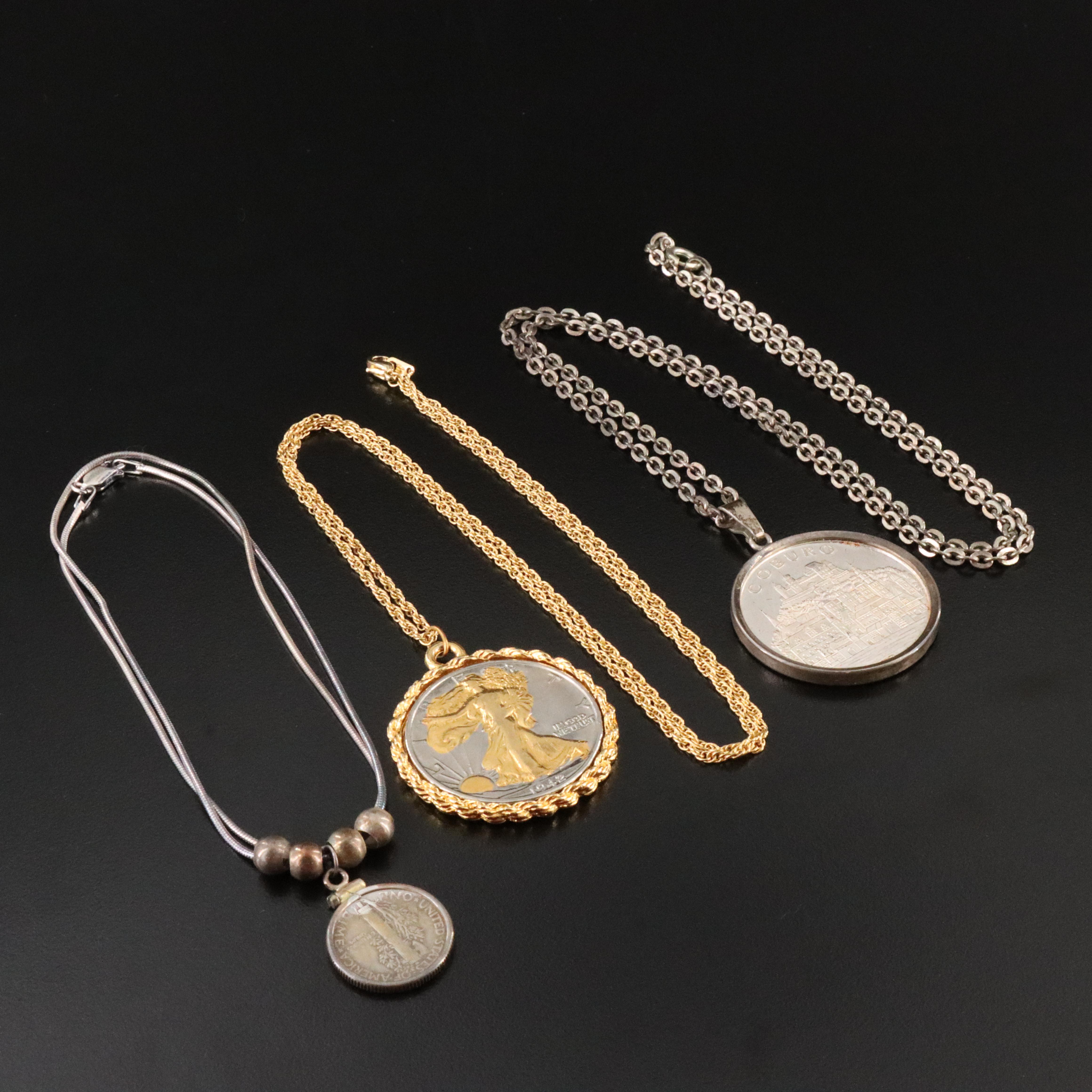 Sterling, 1942 Walking Liberty Coin and Coburg Medallion Featured in Necklaces