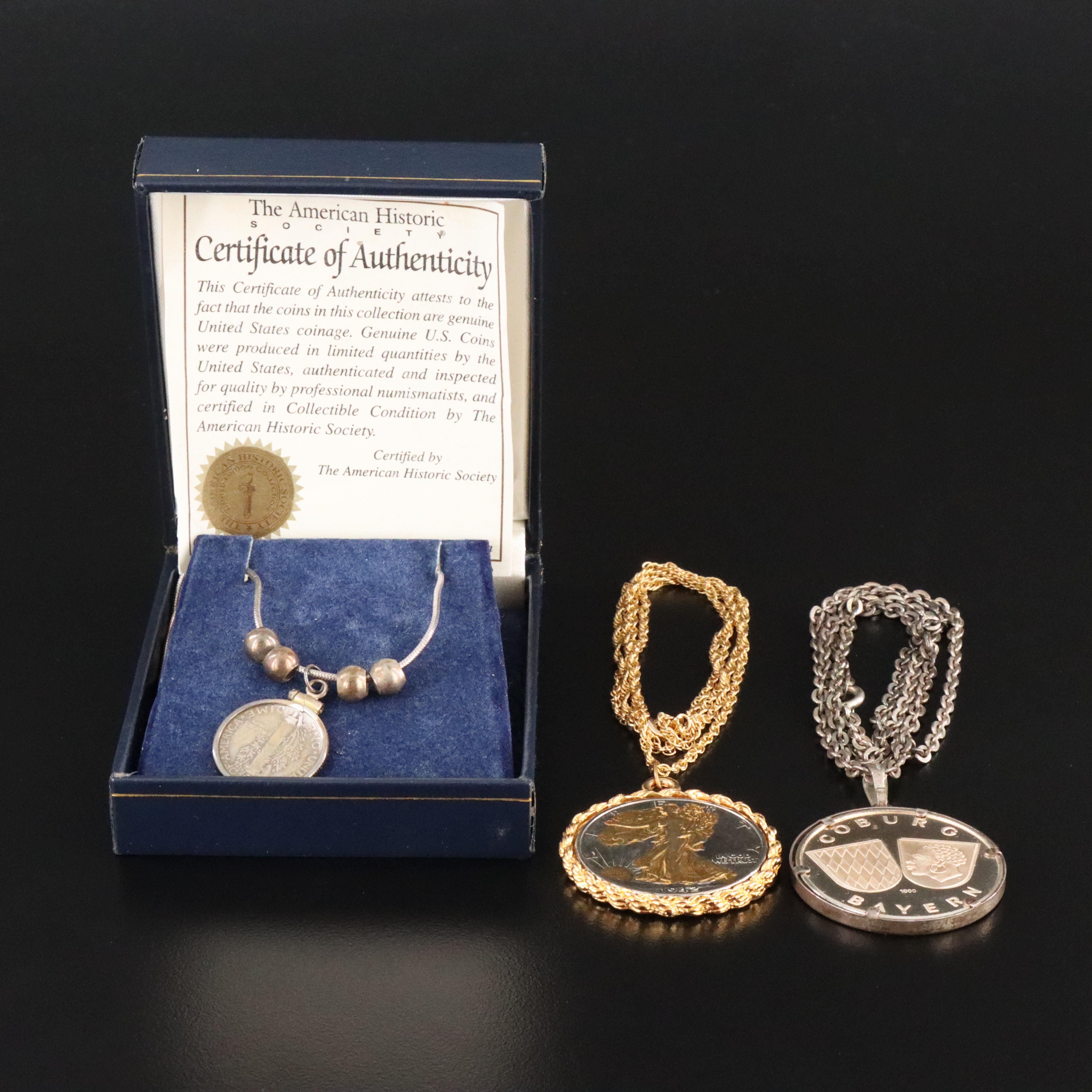Sterling, 1942 Walking Liberty Coin and Coburg Medallion Featured in Necklaces
