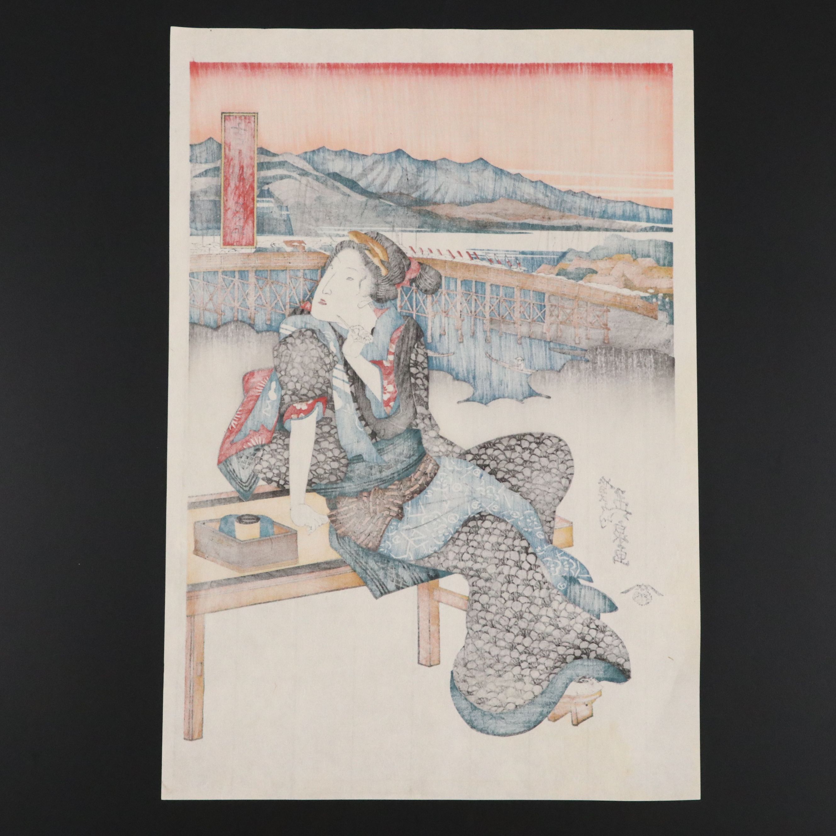 Keisai Eisen Restrike Ukiyo-e Woodblock "Yoshida Station"