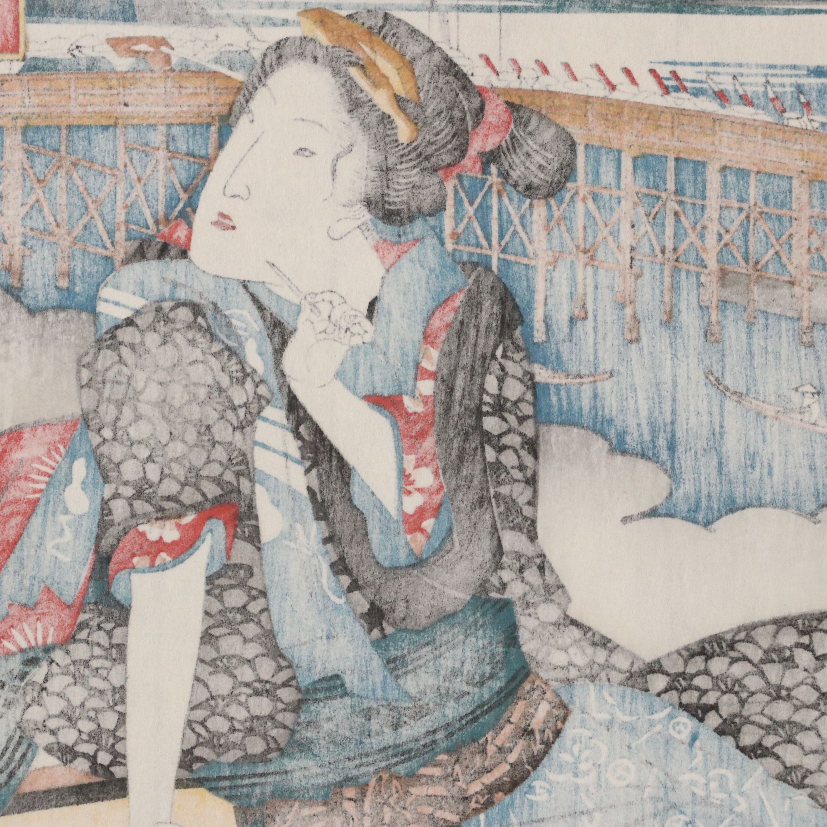 Keisai Eisen Restrike Ukiyo-e Woodblock "Yoshida Station"