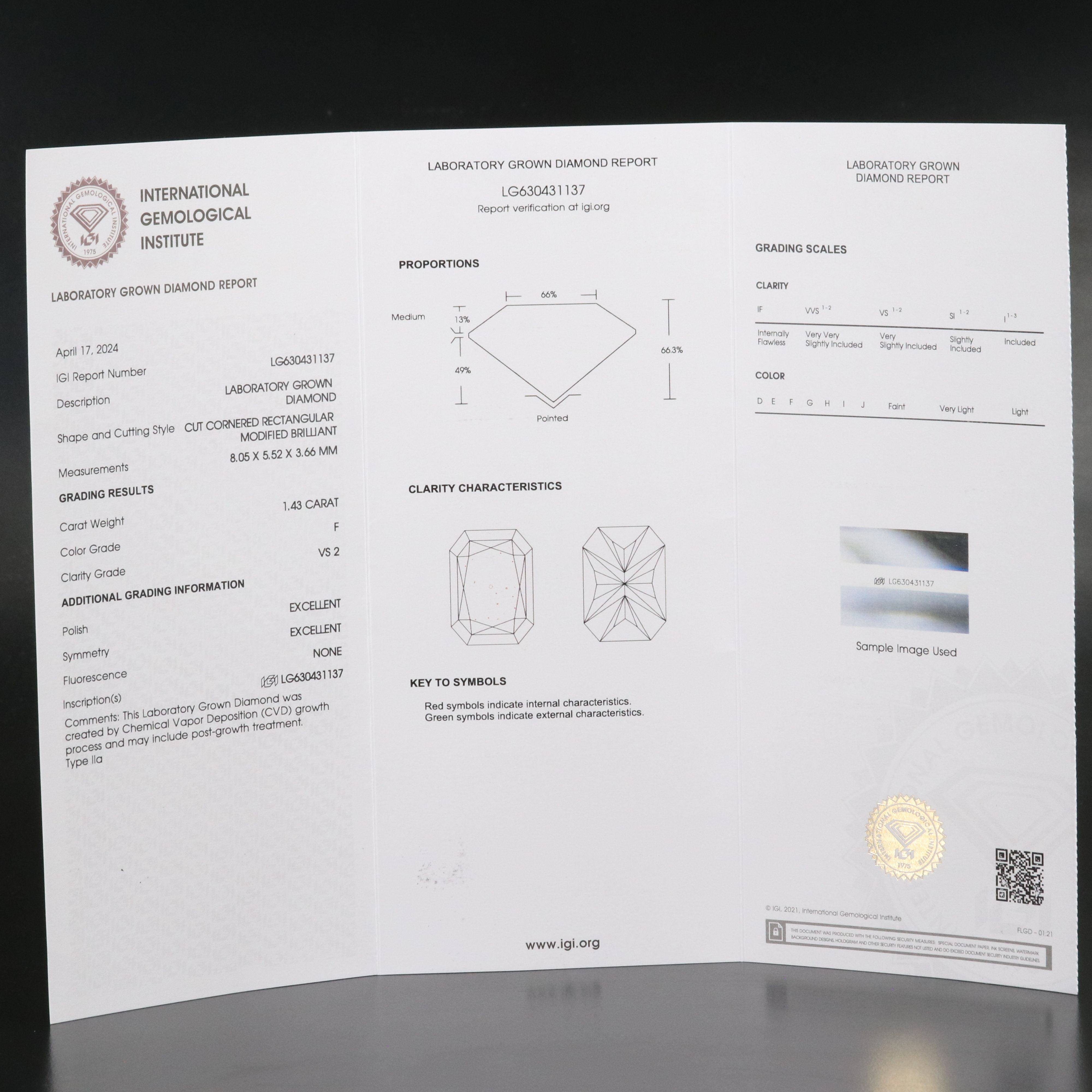 Loose 1.43 CT Lab Grown Diamond with IGI Report