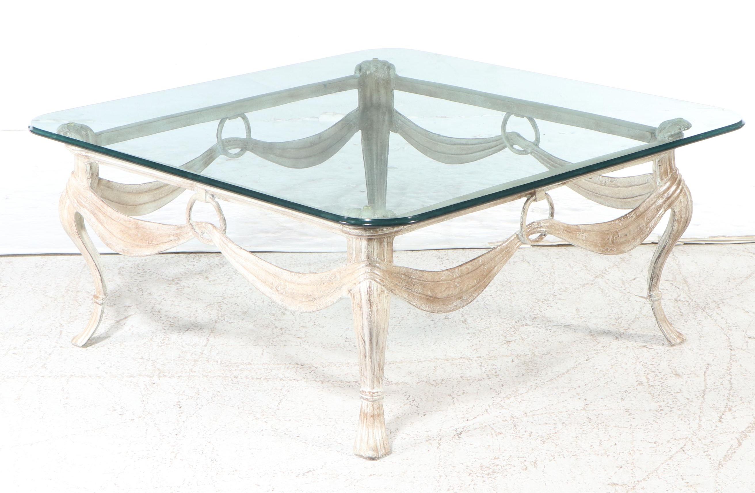 Neoclassical Style Glass Top Cast Metal Coffee Table