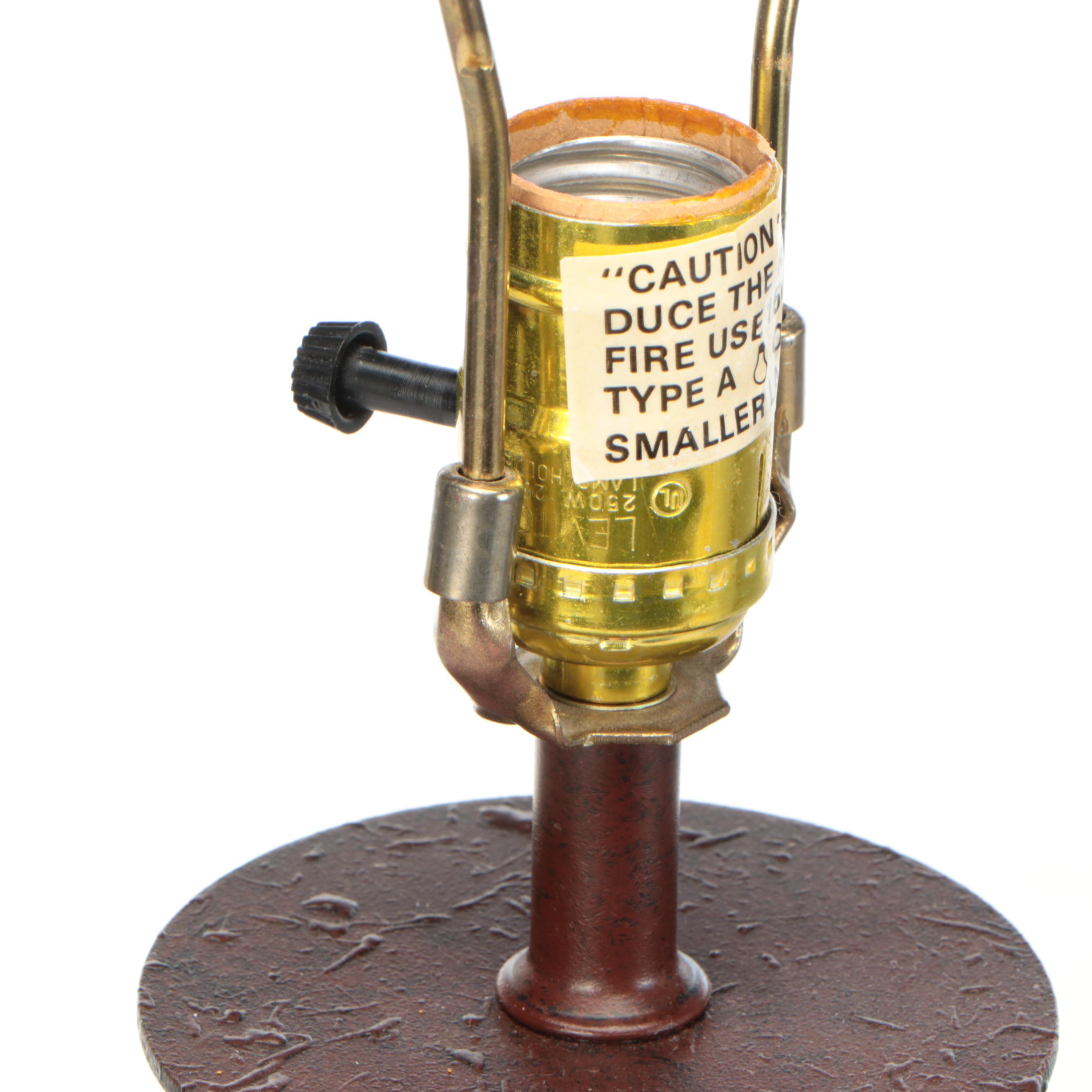 Pair of Bronzed Finish Wrought Iron Table Lamps with Cotton Coolie Shades