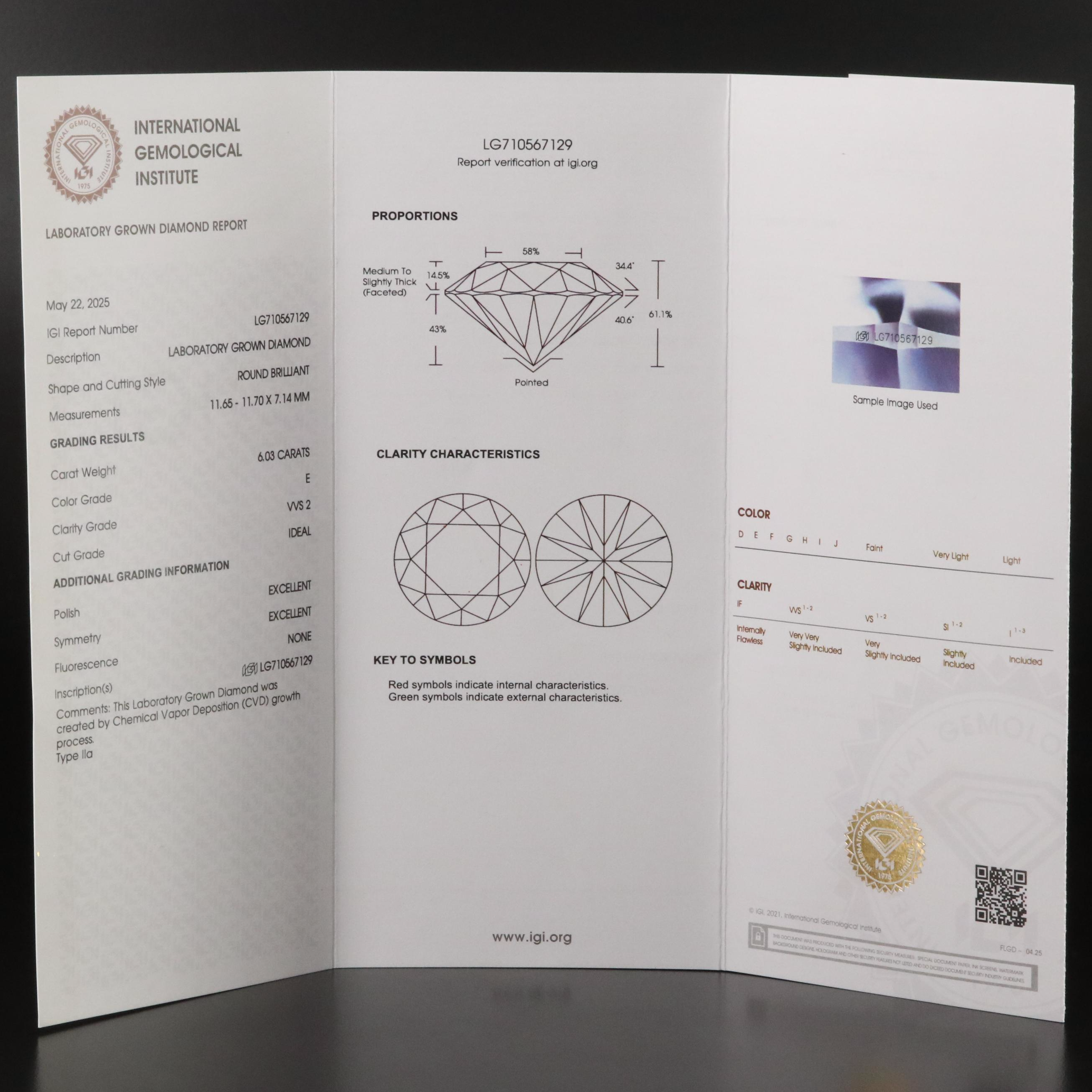 Loose 6.03 CT Lab Grown Diamond with IGI Report