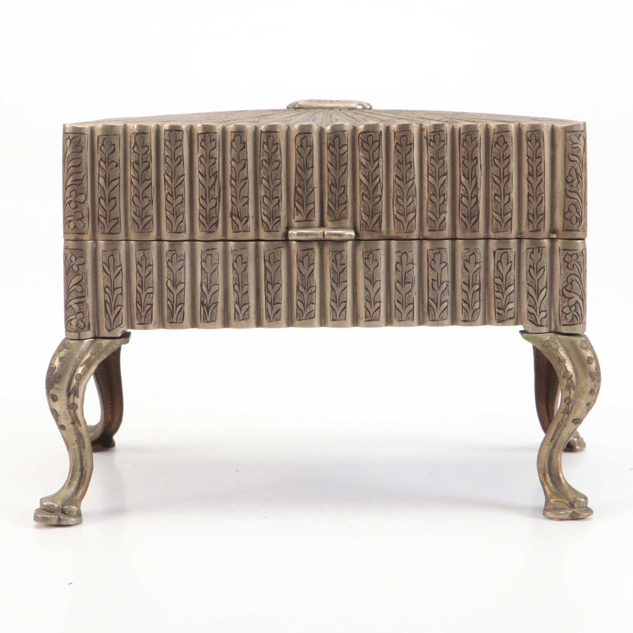 Etched Footed Metal Music Box, Mid-20th Century