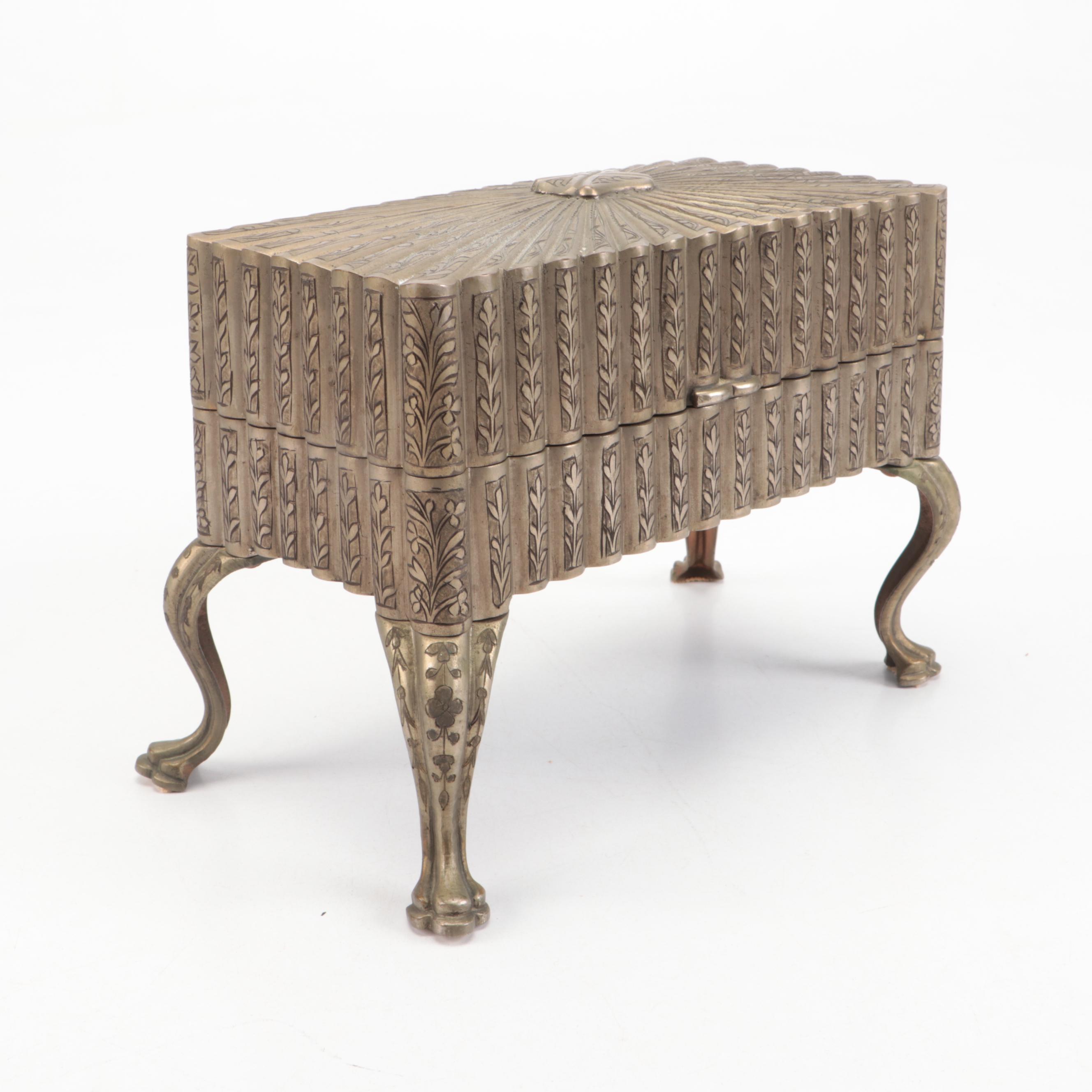 Etched Footed Metal Music Box, Mid-20th Century