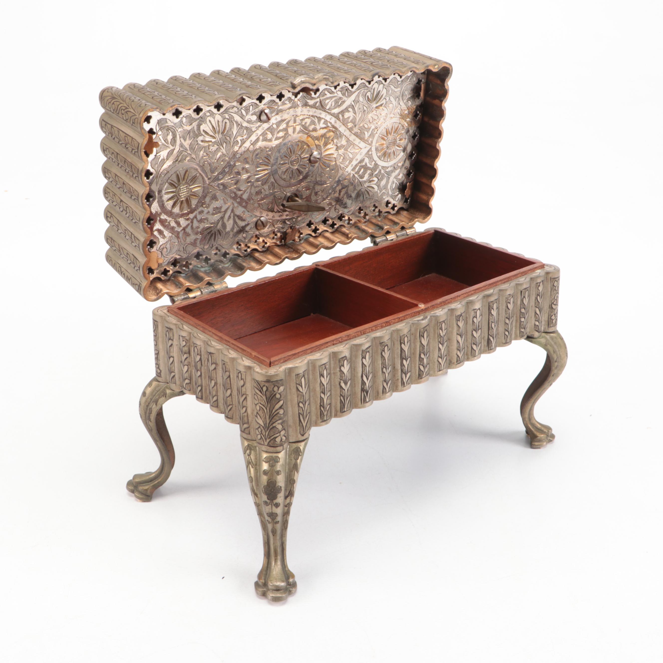 Etched Footed Metal Music Box, Mid-20th Century