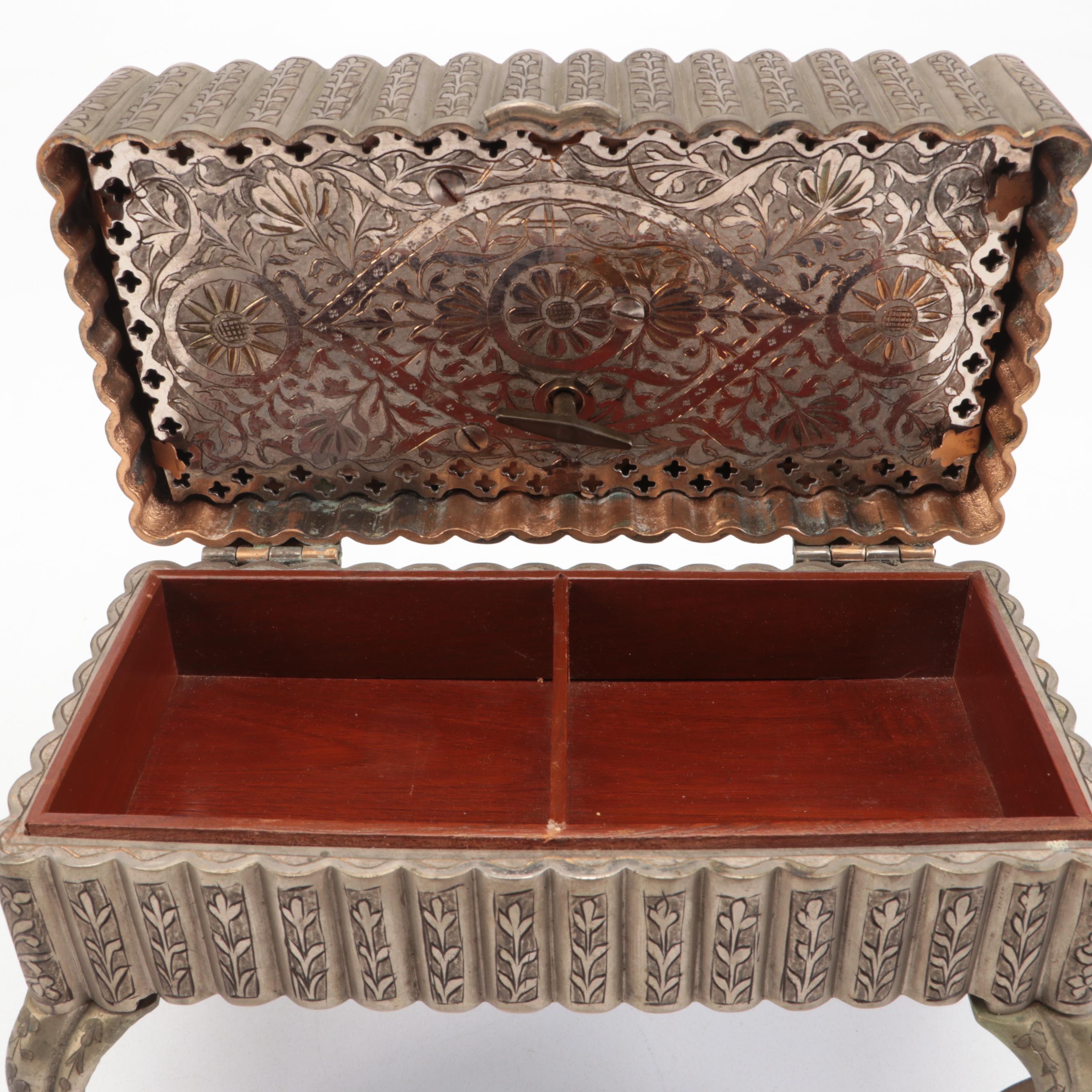 Etched Footed Metal Music Box, Mid-20th Century